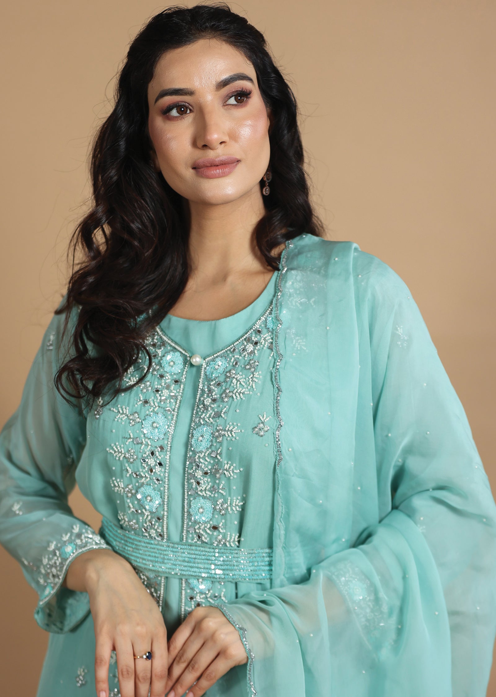 Sea Green Organza Anarkali Dress with Long Jacket