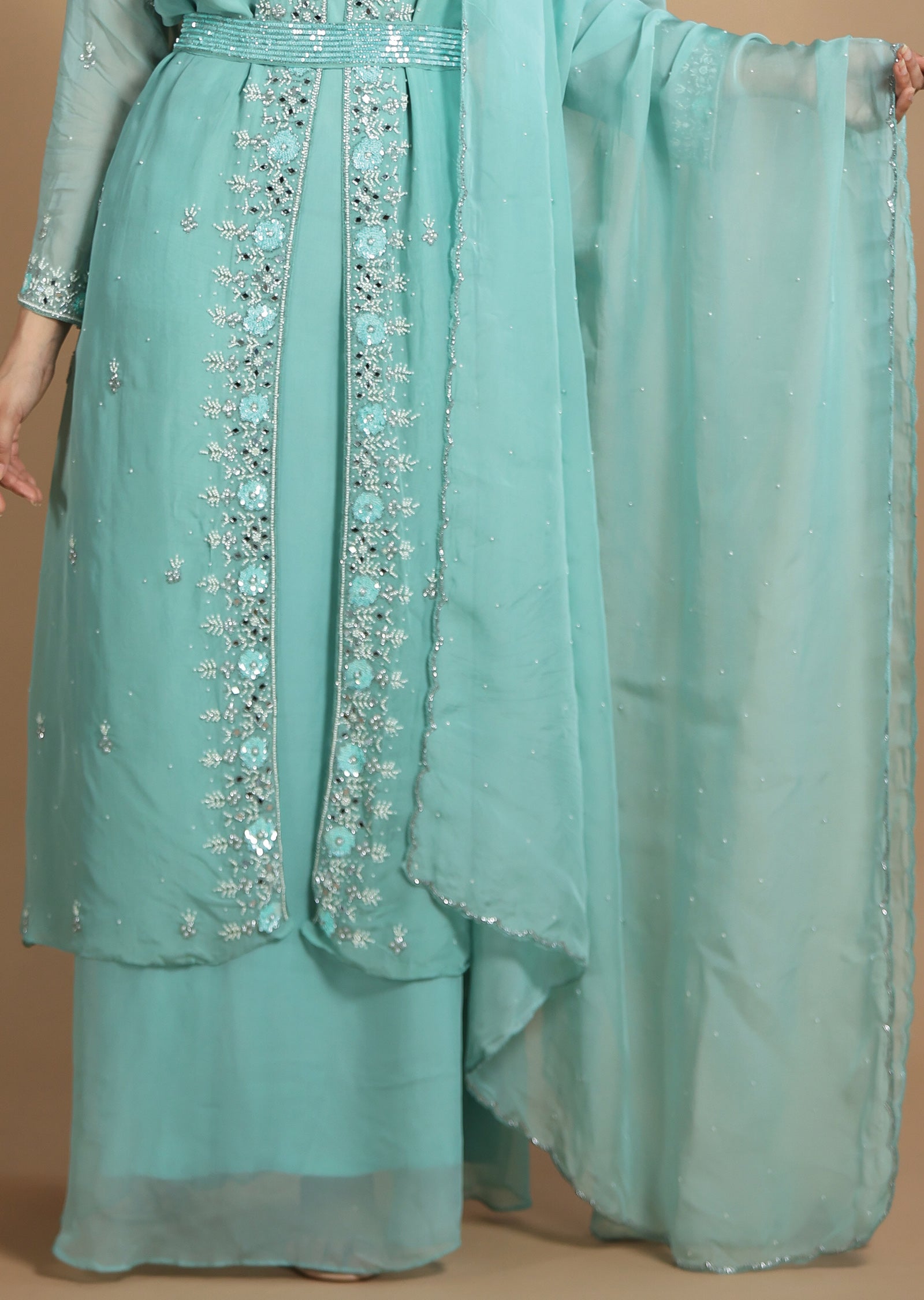 Sea Green Organza Anarkali Dress with Long Jacket