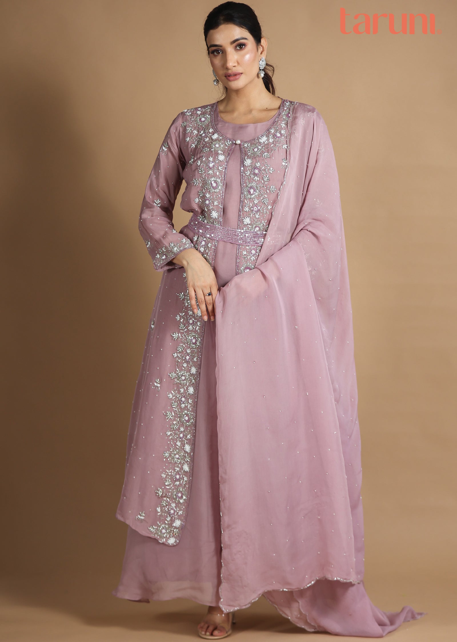 Dark Onion Pink Organza Anarkali Dress with Long Jacket