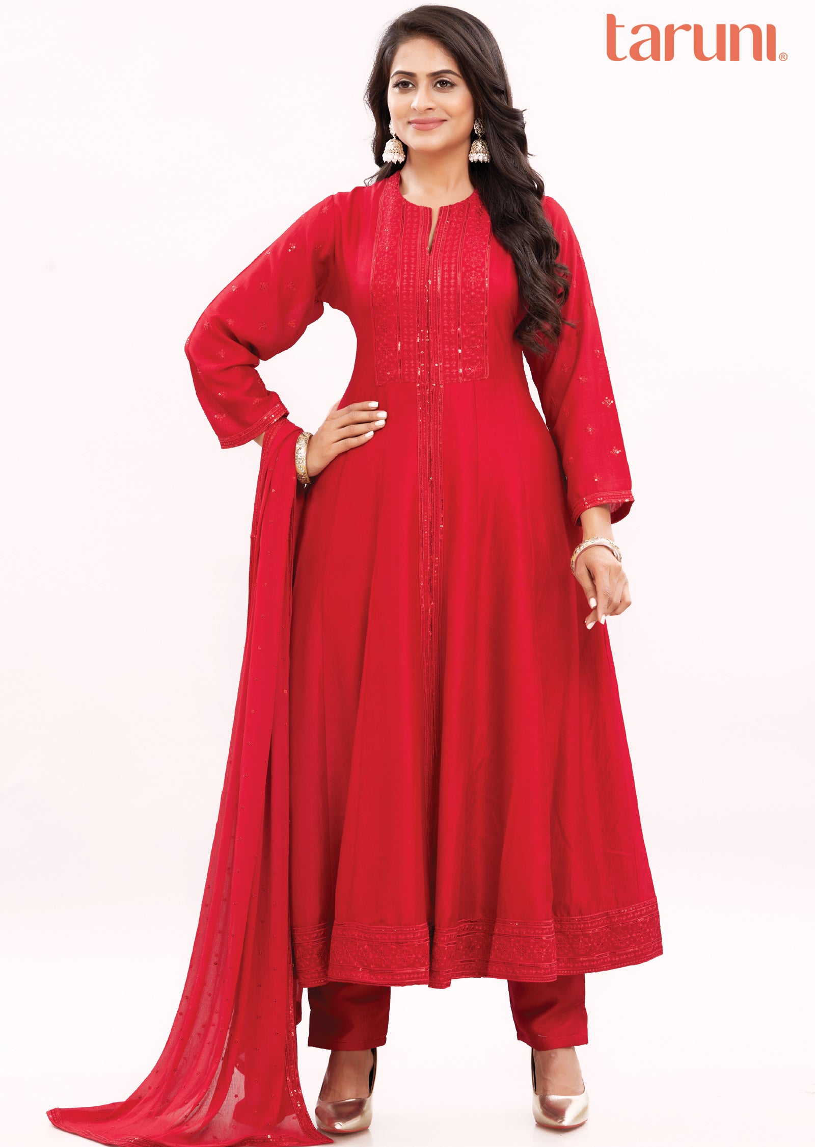 sachin and babi light blue dress SOLID RED LONG FLARED CHIFFON ANARKALI SET – Saad Ibrahim main image 1