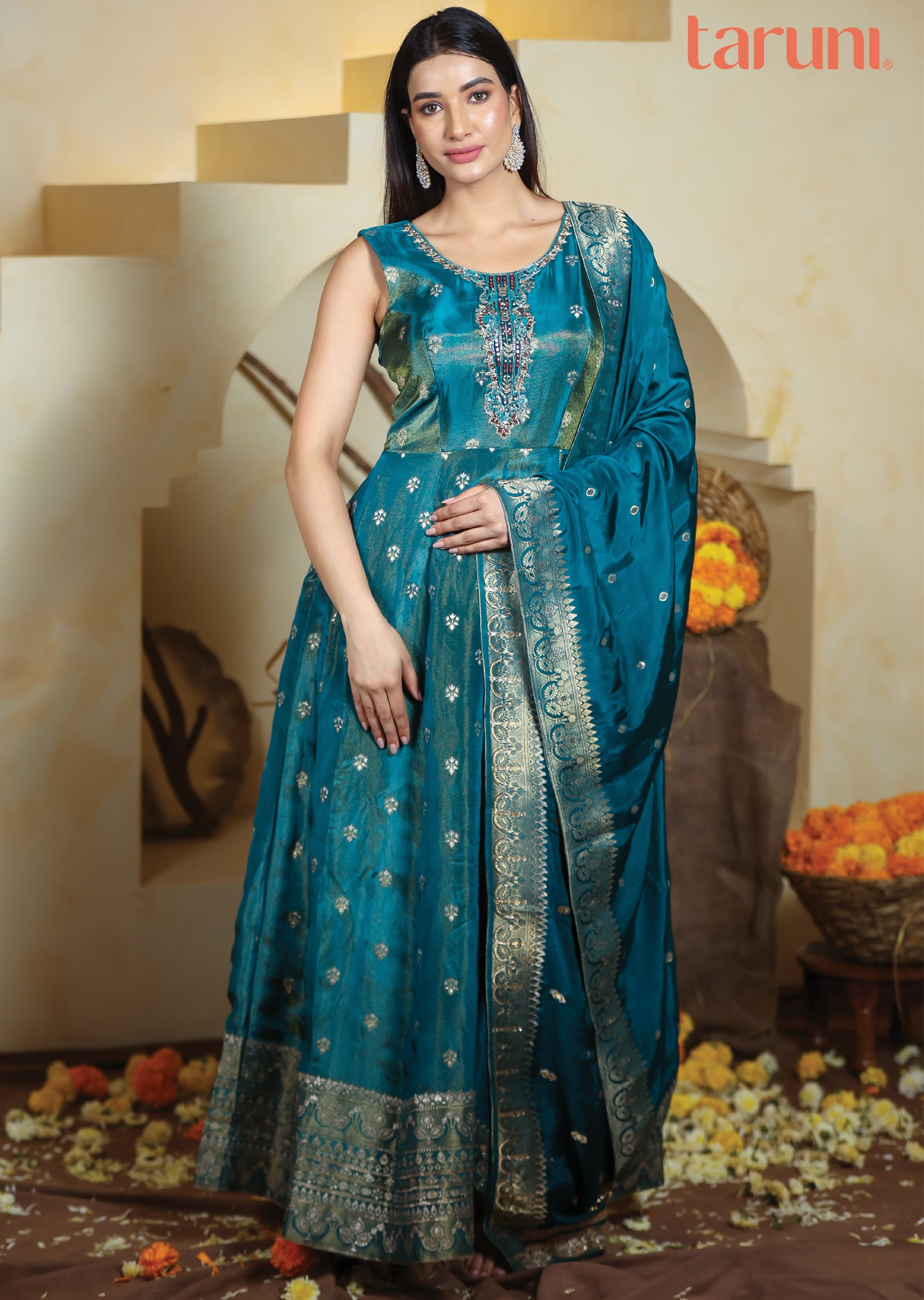 slim fit dress slacks Green Embroidered Silk Anarkali main image 1