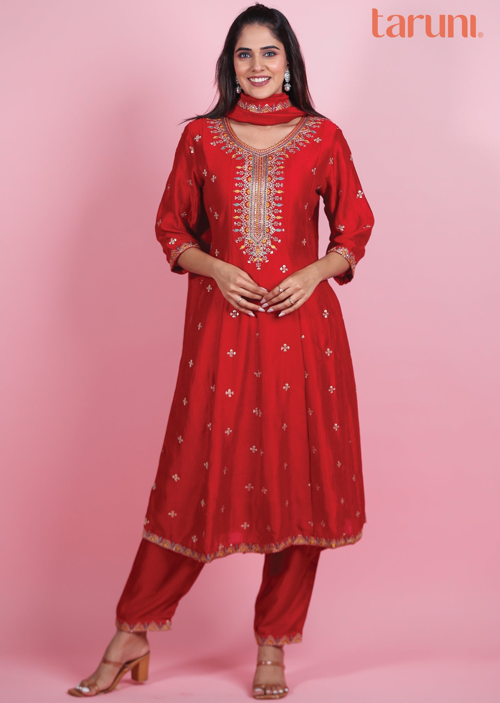 Lovely Bright Red Designer Front Slit Anarkali Dress
