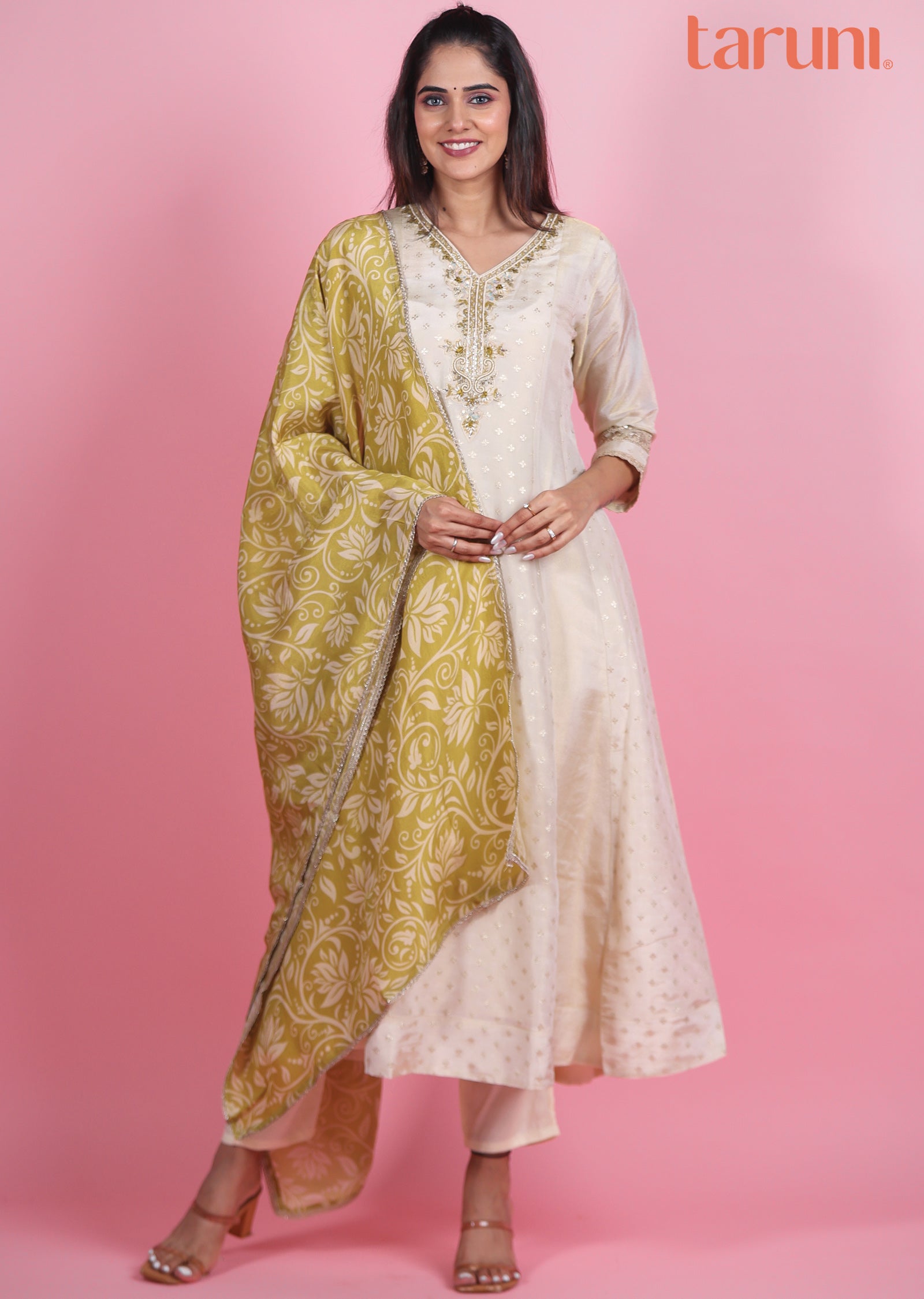 Cream Banaras Tissue Anarkali