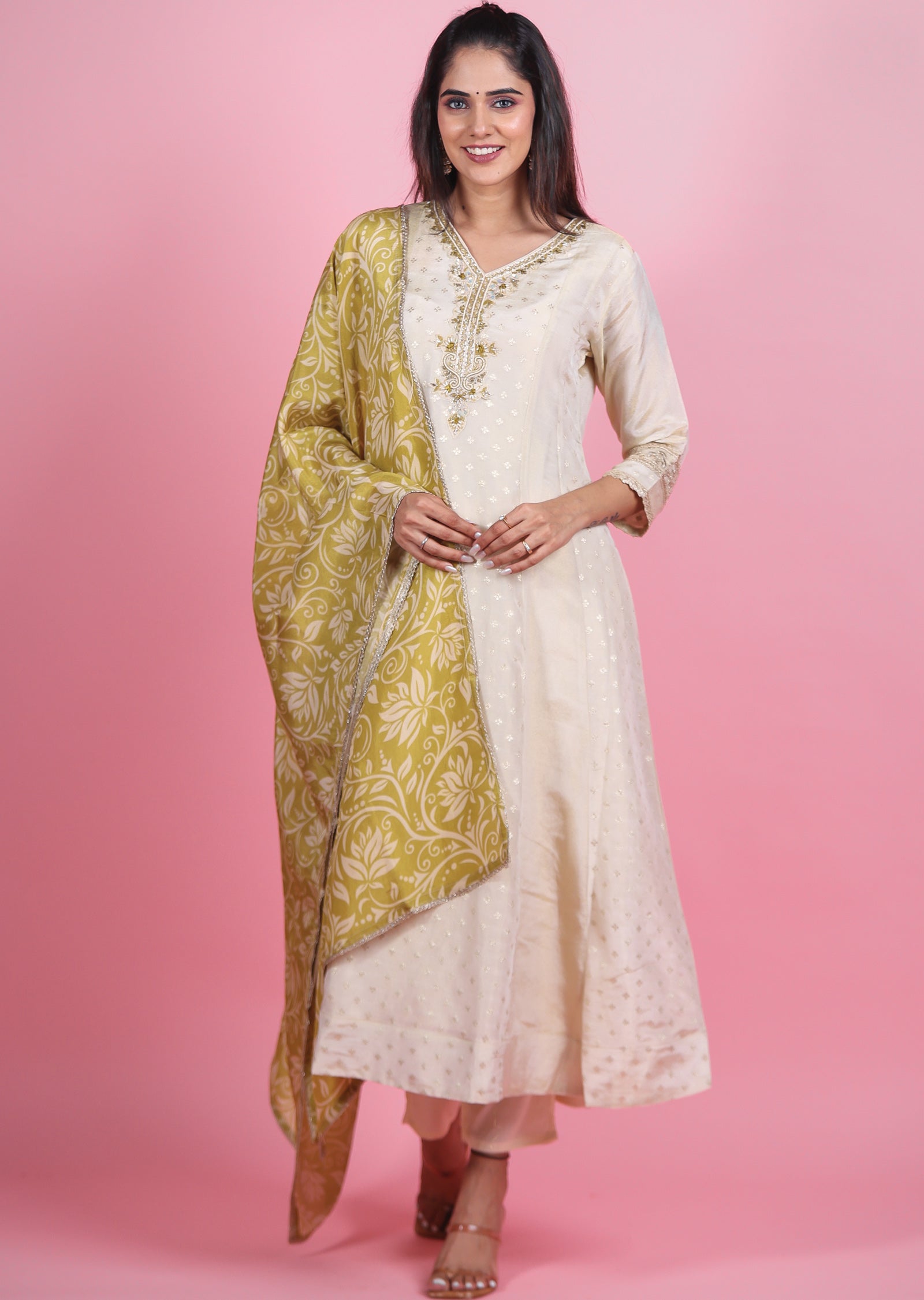 Cream Banaras Tissue Anarkali