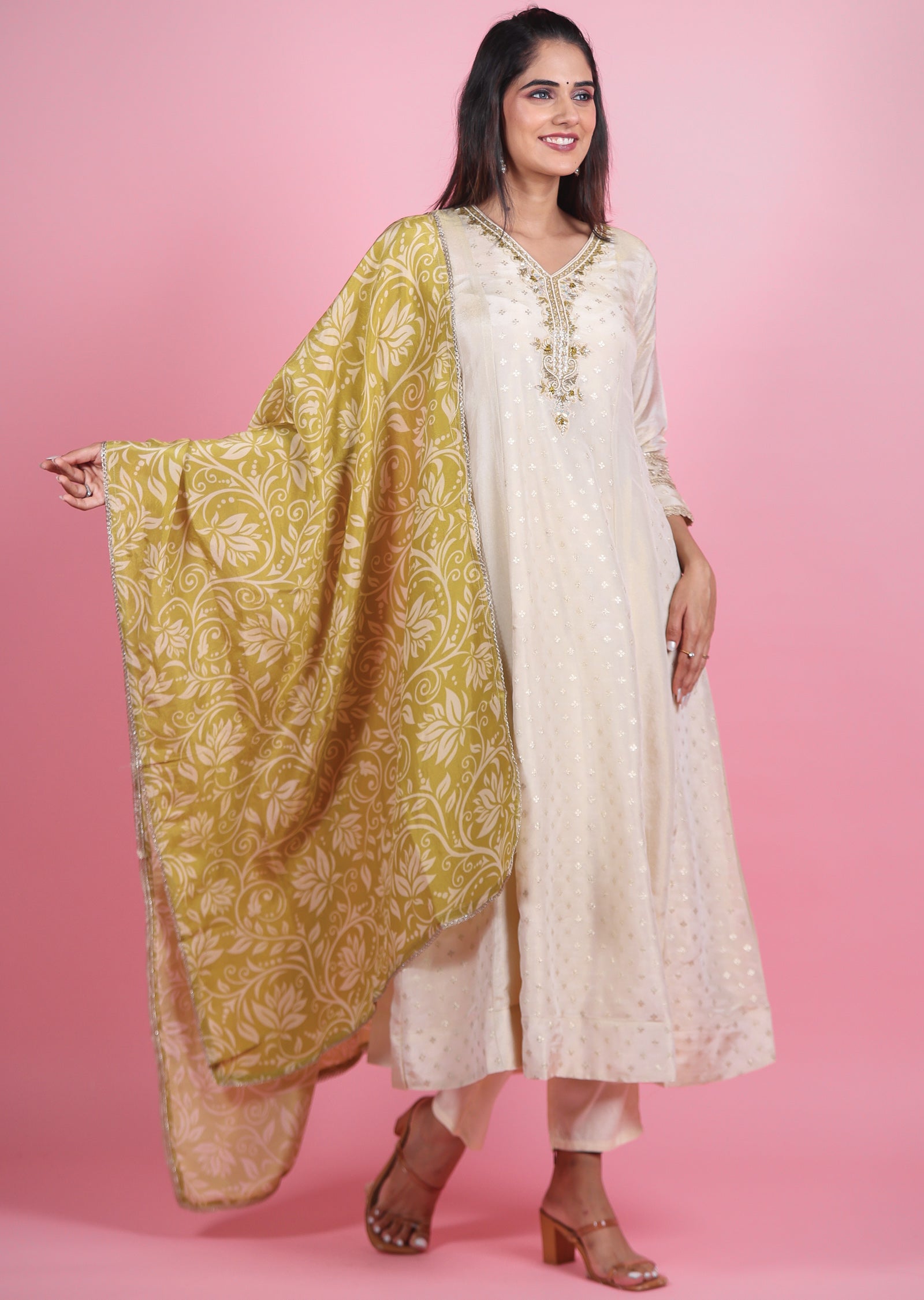 Cream Banaras Tissue Anarkali