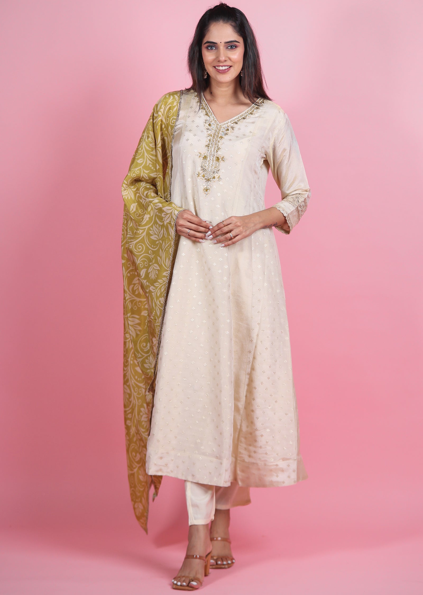 Cream Banaras Tissue Anarkali