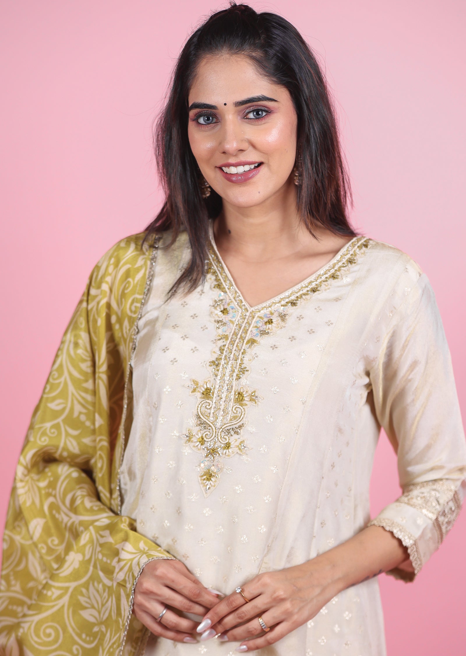Cream Banaras Tissue Anarkali