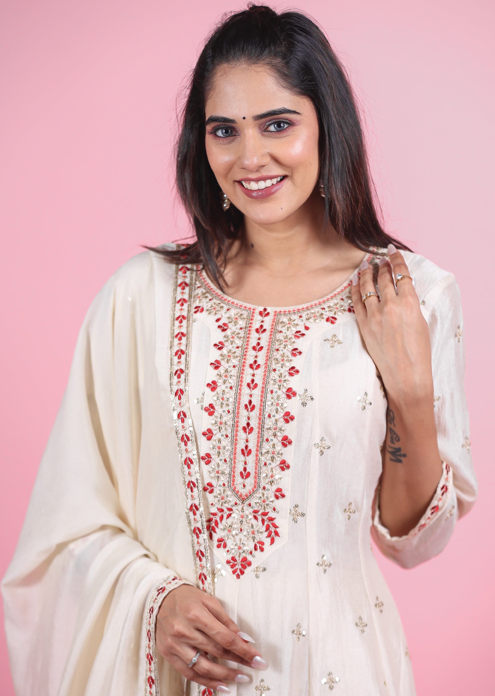 Cream Silk Anarkali