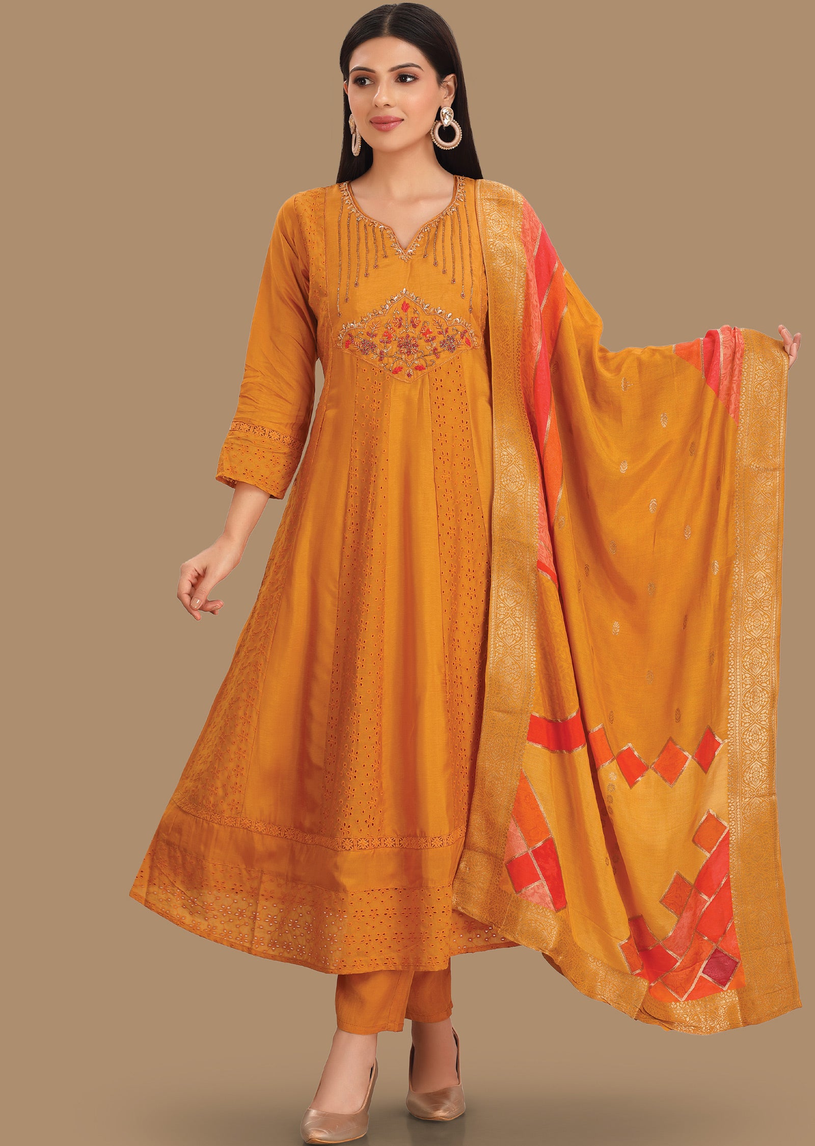 Mustard Self Design Silk Anarkali Suit Set