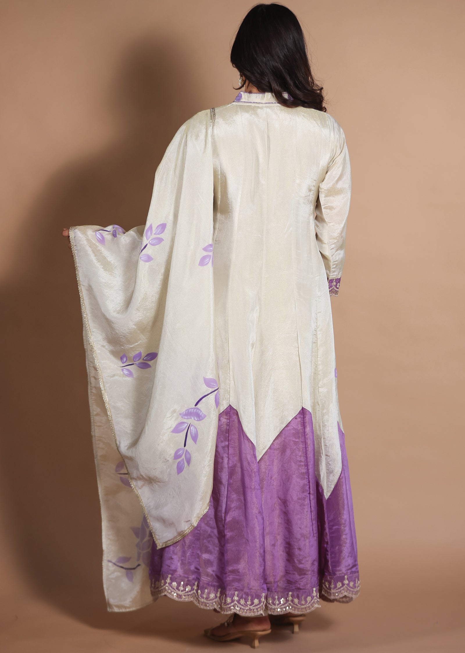 Cream Tissue Silk Anarkali