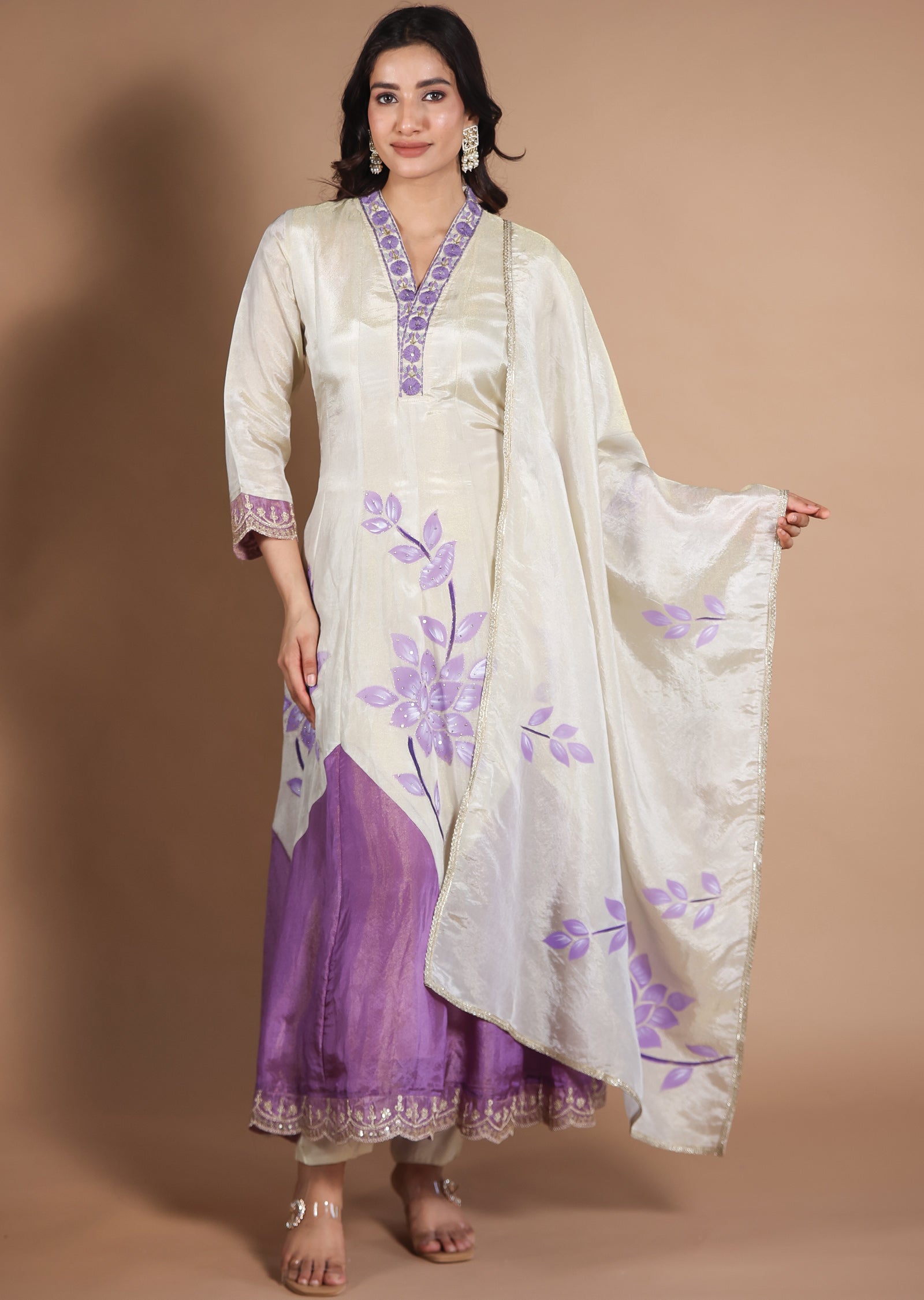 Cream Tissue Silk Anarkali