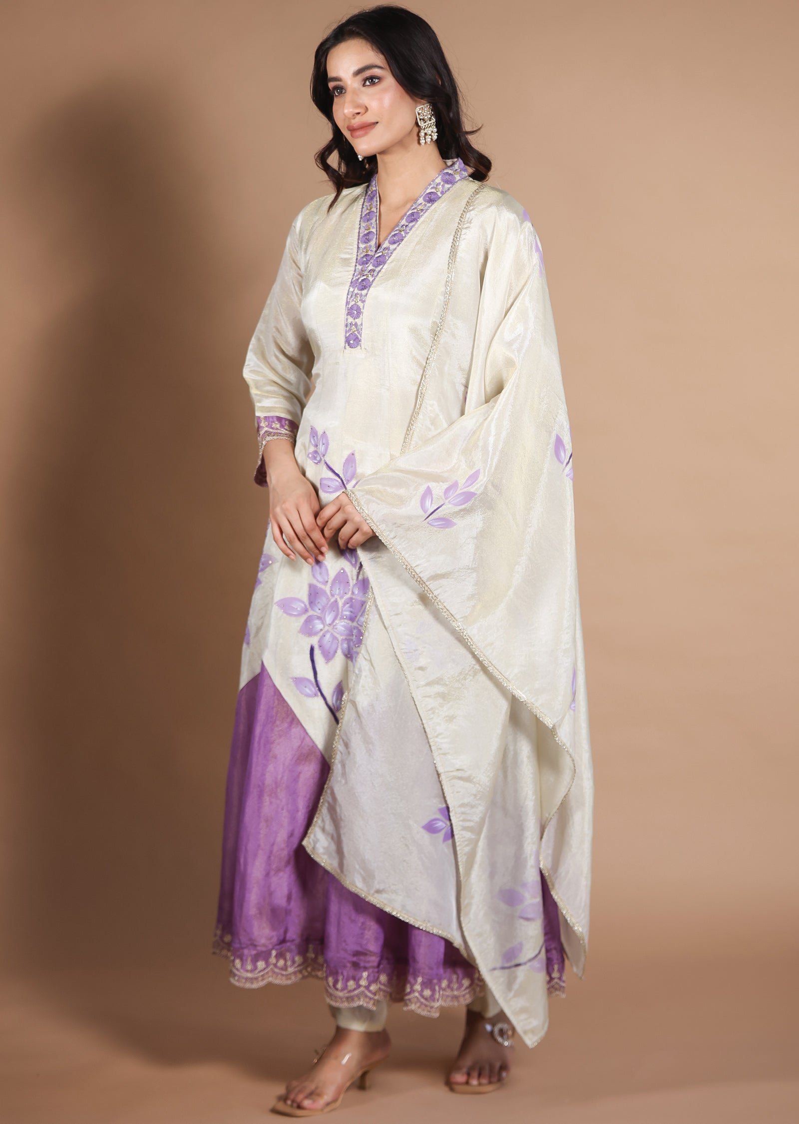 Cream Tissue Silk Anarkali
