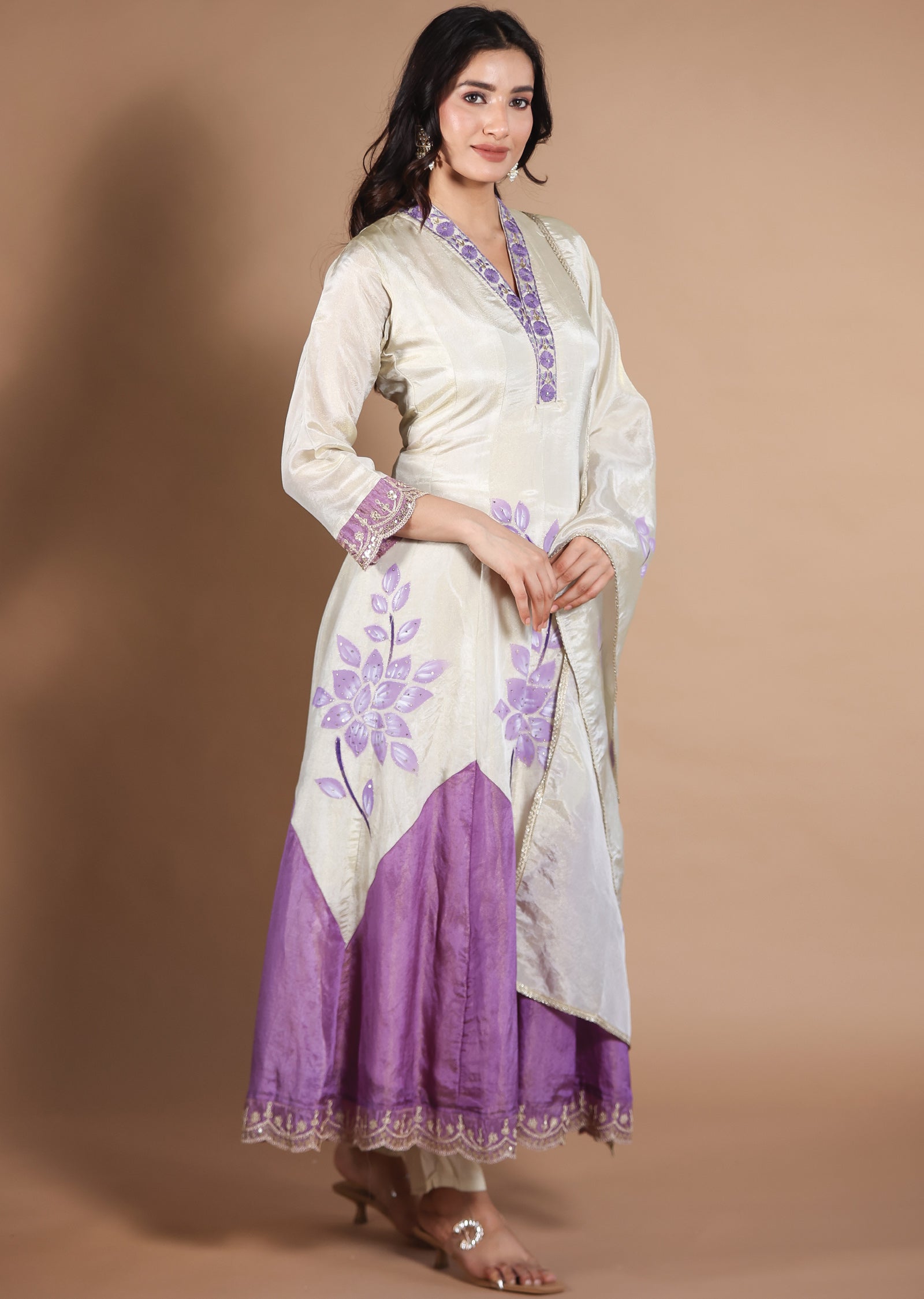 Cream Tissue Silk Anarkali