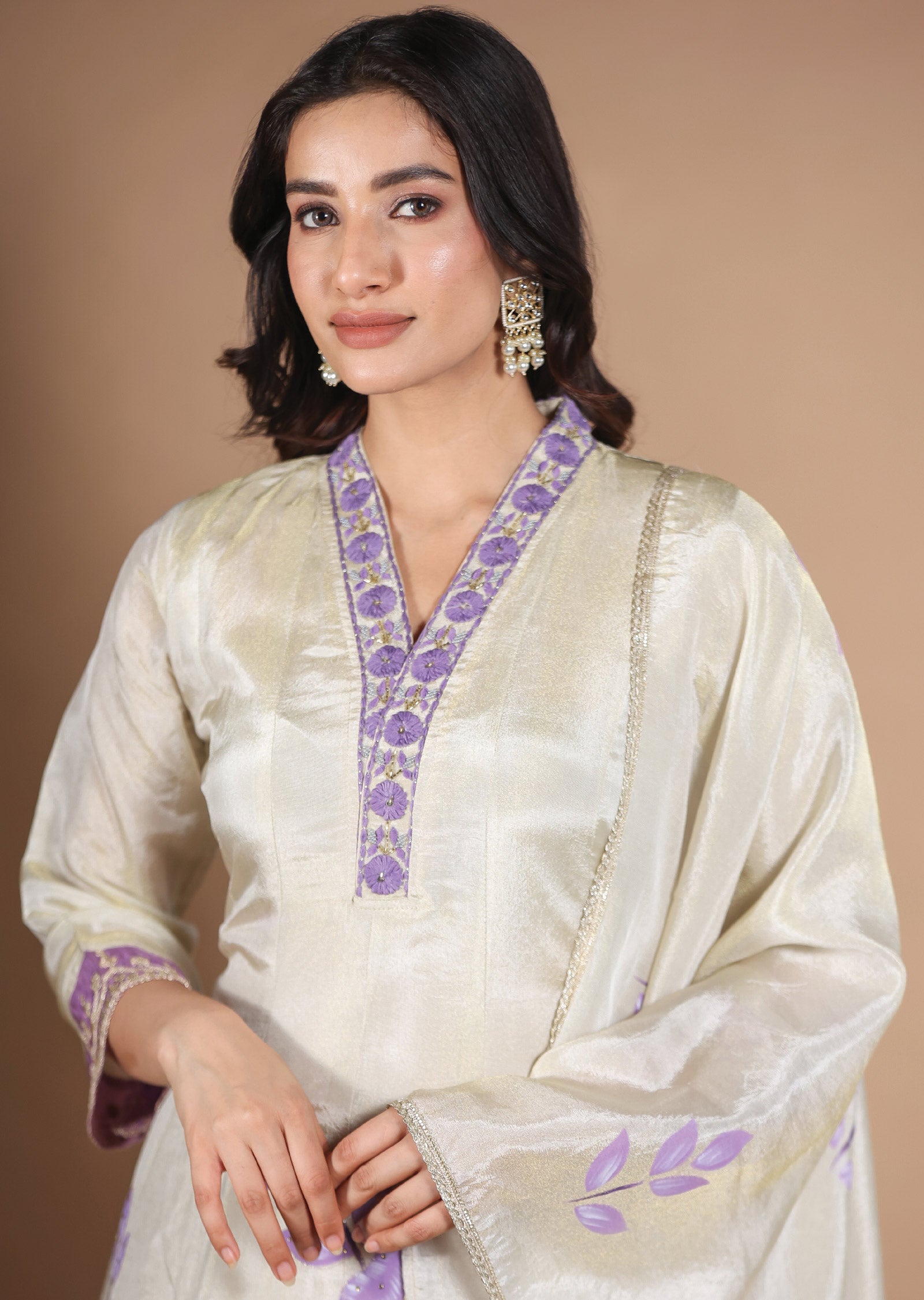 Cream Tissue Silk Anarkali