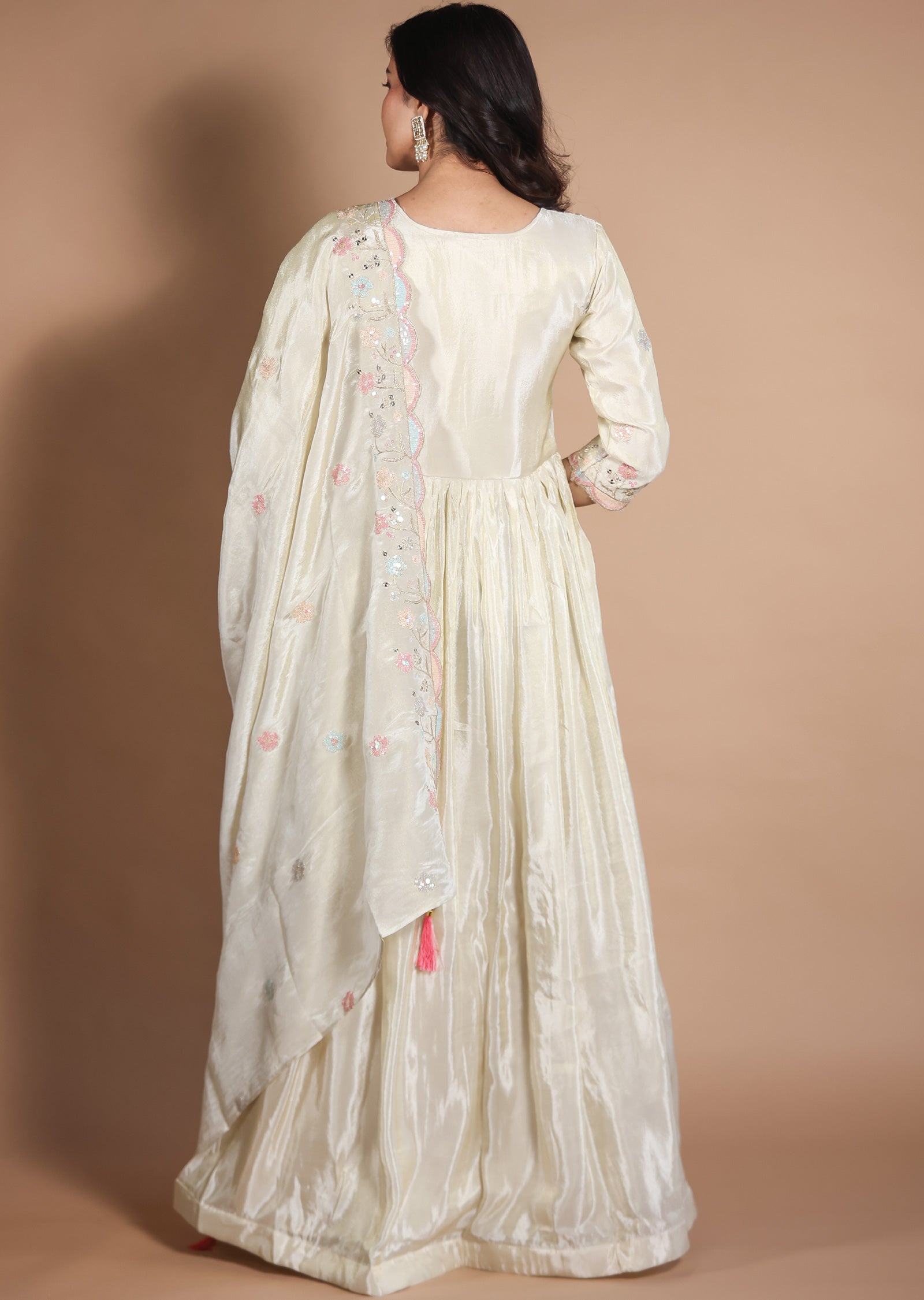 Cream Tissue Silk Anarkali