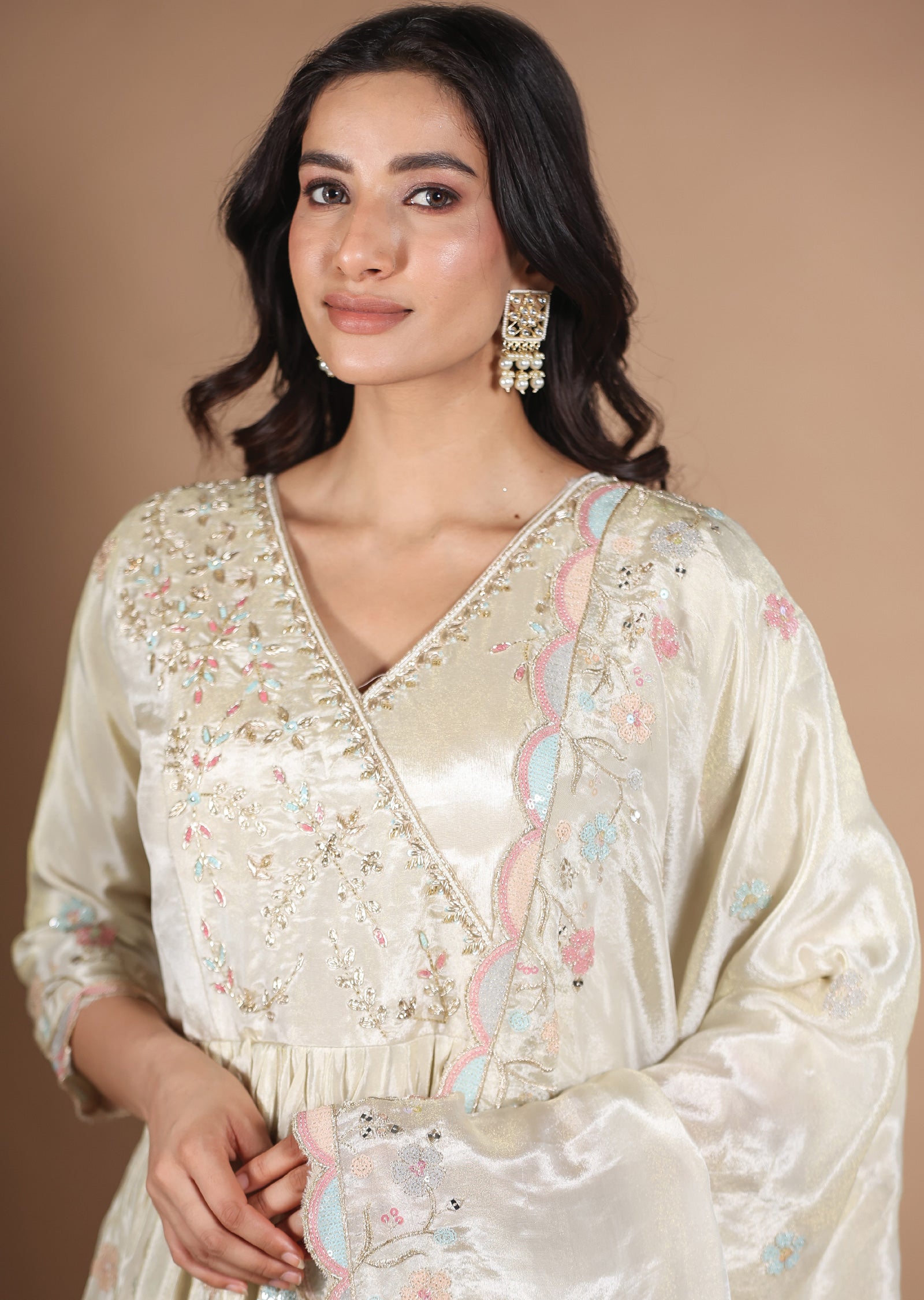Cream Tissue Silk Anarkali