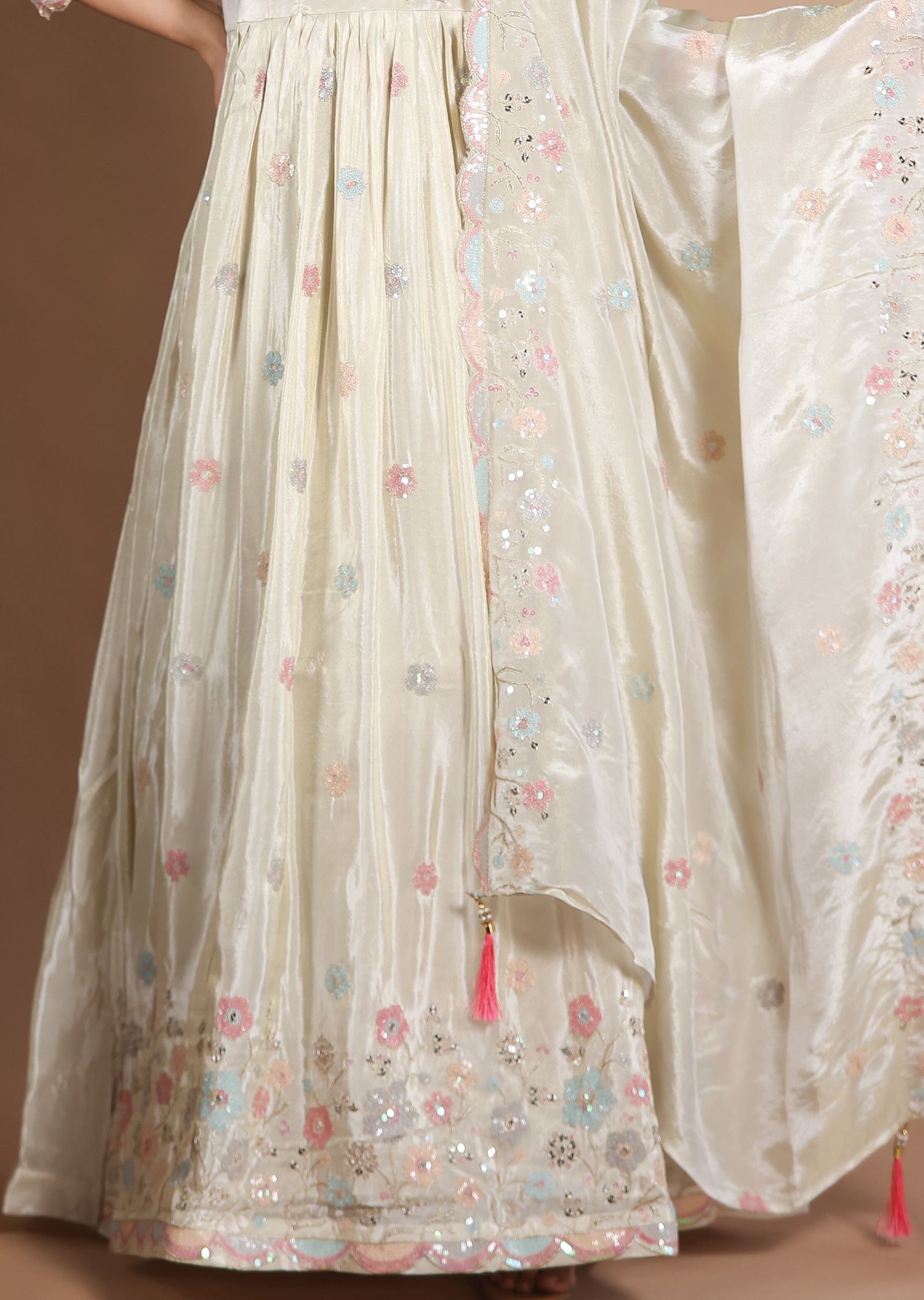 Cream Tissue Silk Anarkali