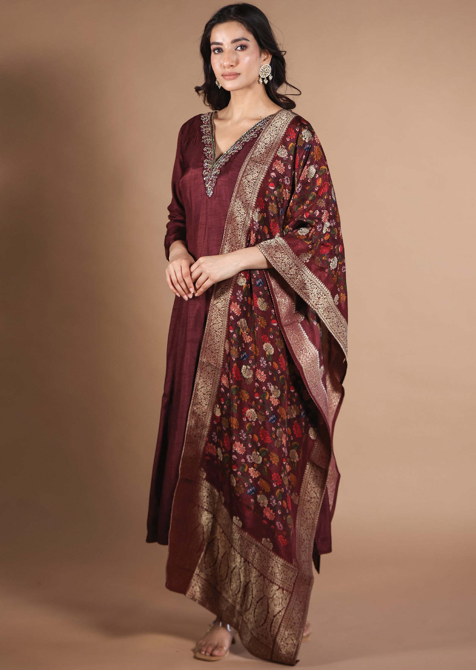 Dark Maroon Silk Anarkali