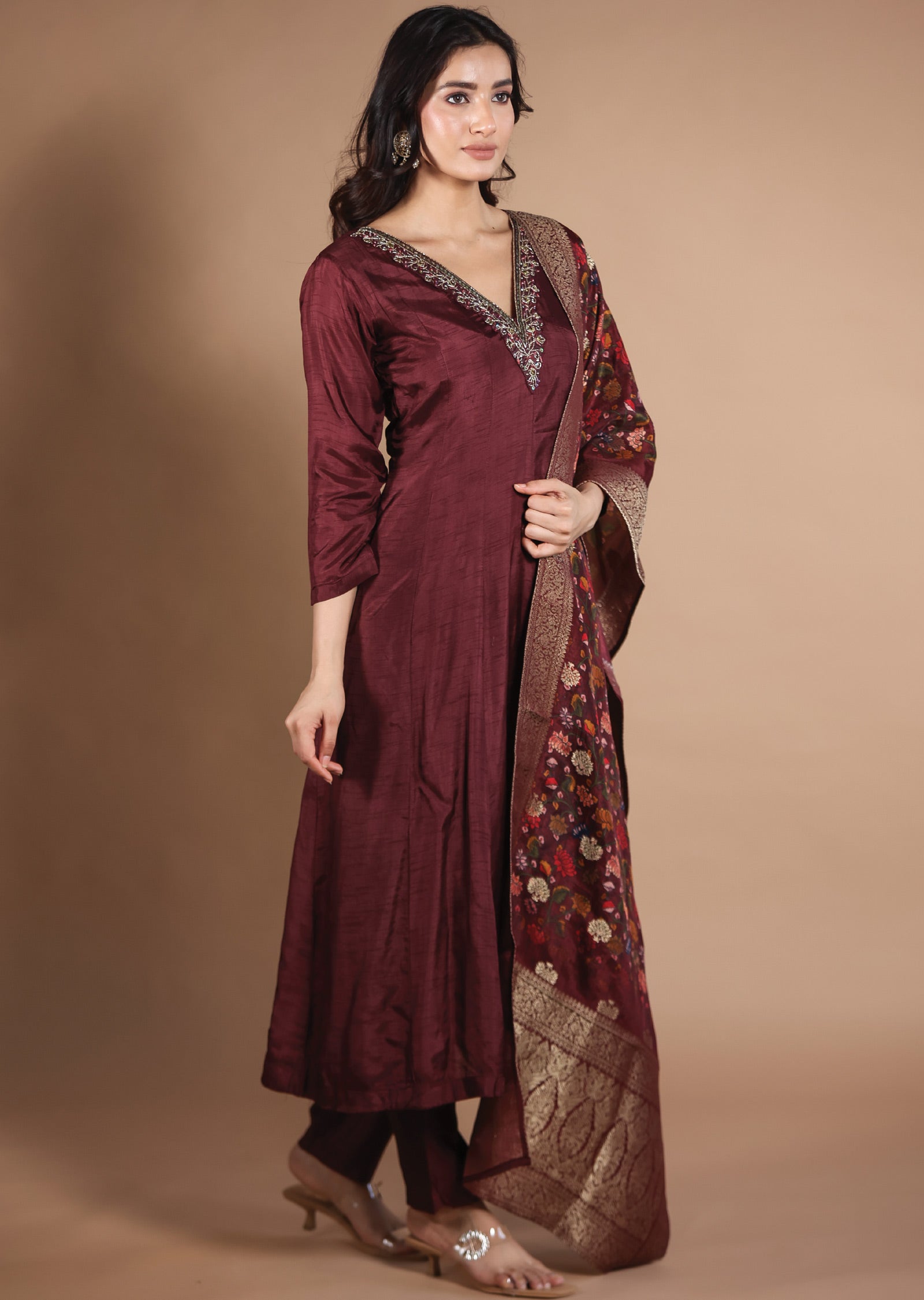 Dark Maroon Silk Anarkali