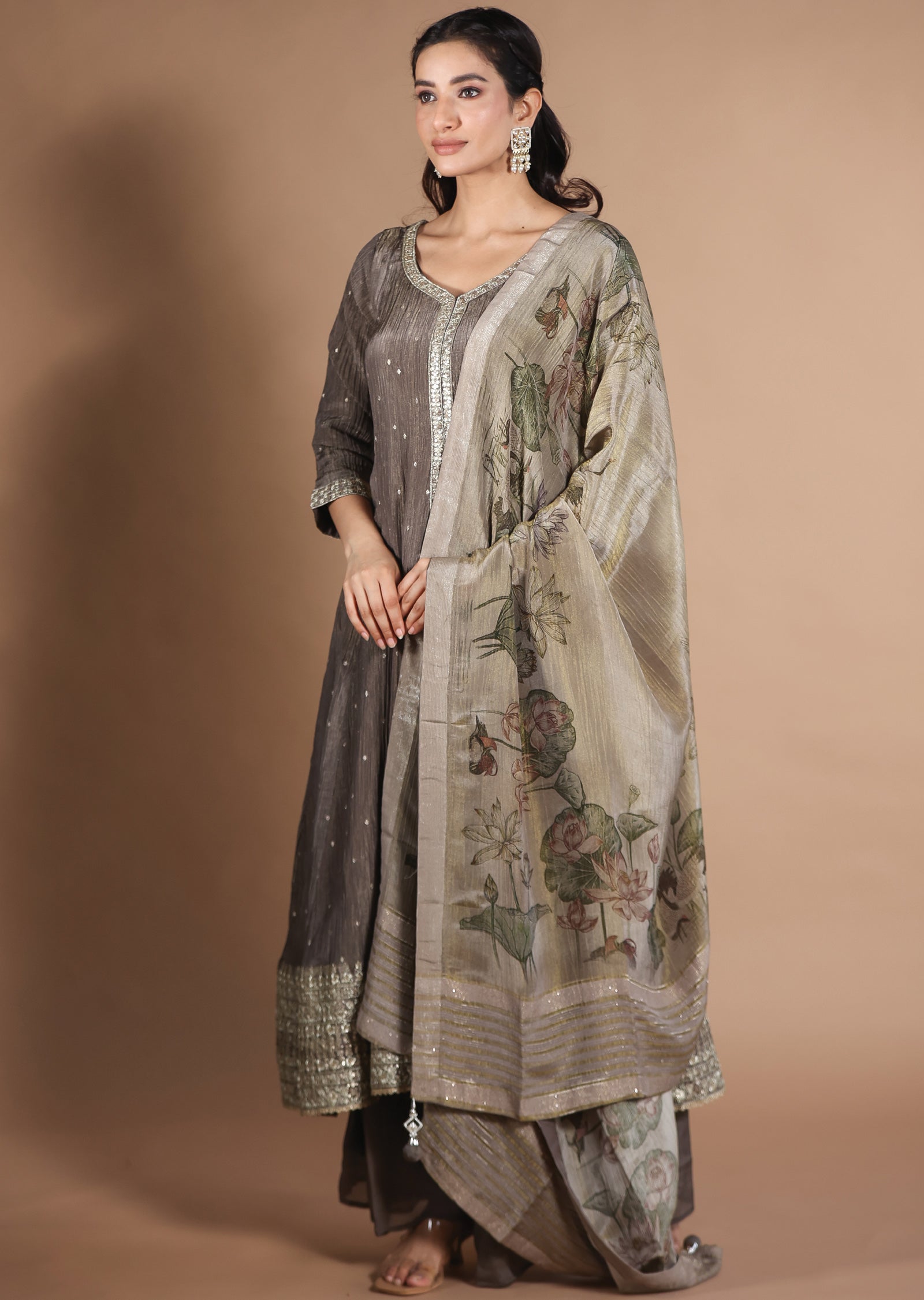 Dark Green Tissue Crush Anarkali