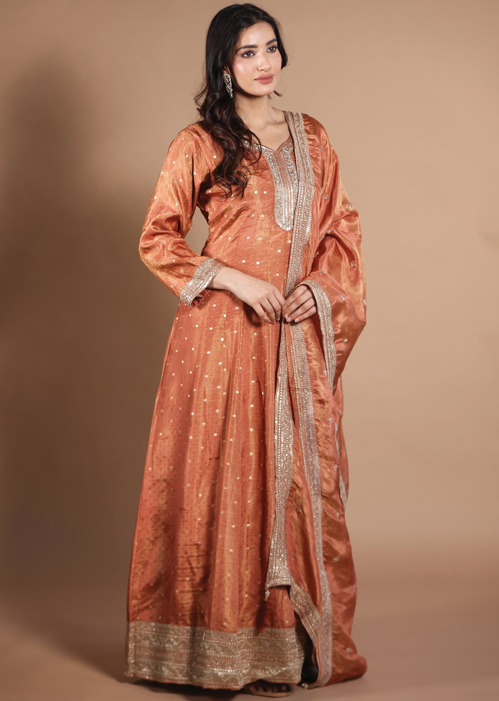 Rust Banarasi Tissue Anarkali