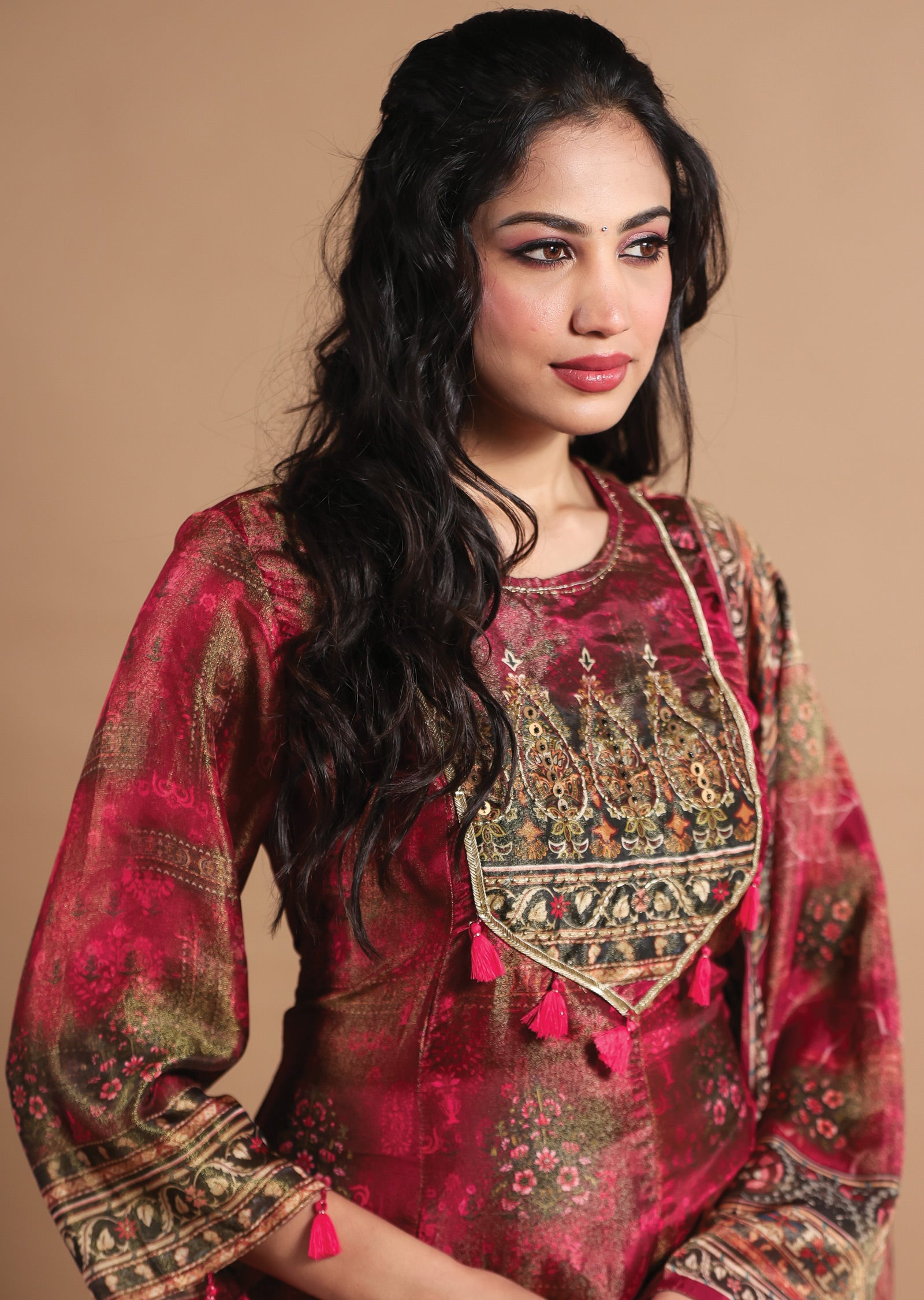 Magenta & Green Tissue Silk Anarkali