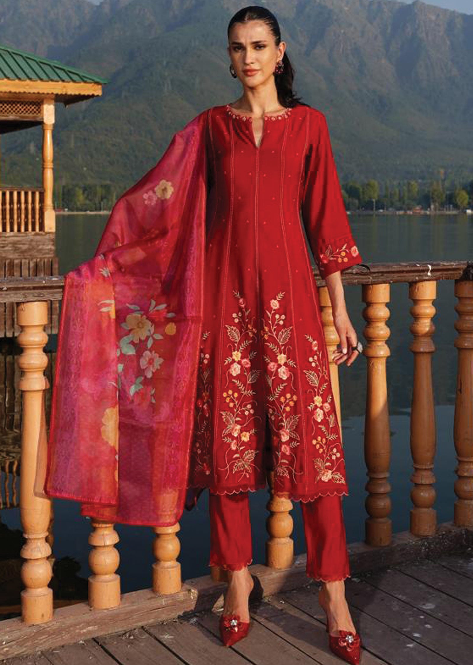 Kamakshi Orange Russian Silk Anarkali Gown Set