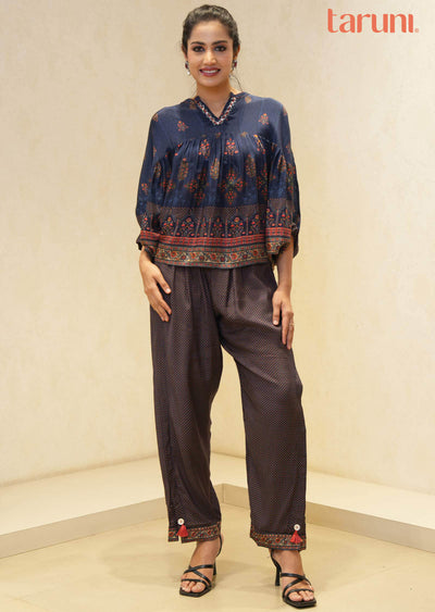 Navy Blue Muslin Fusion Indo-Western Outfit