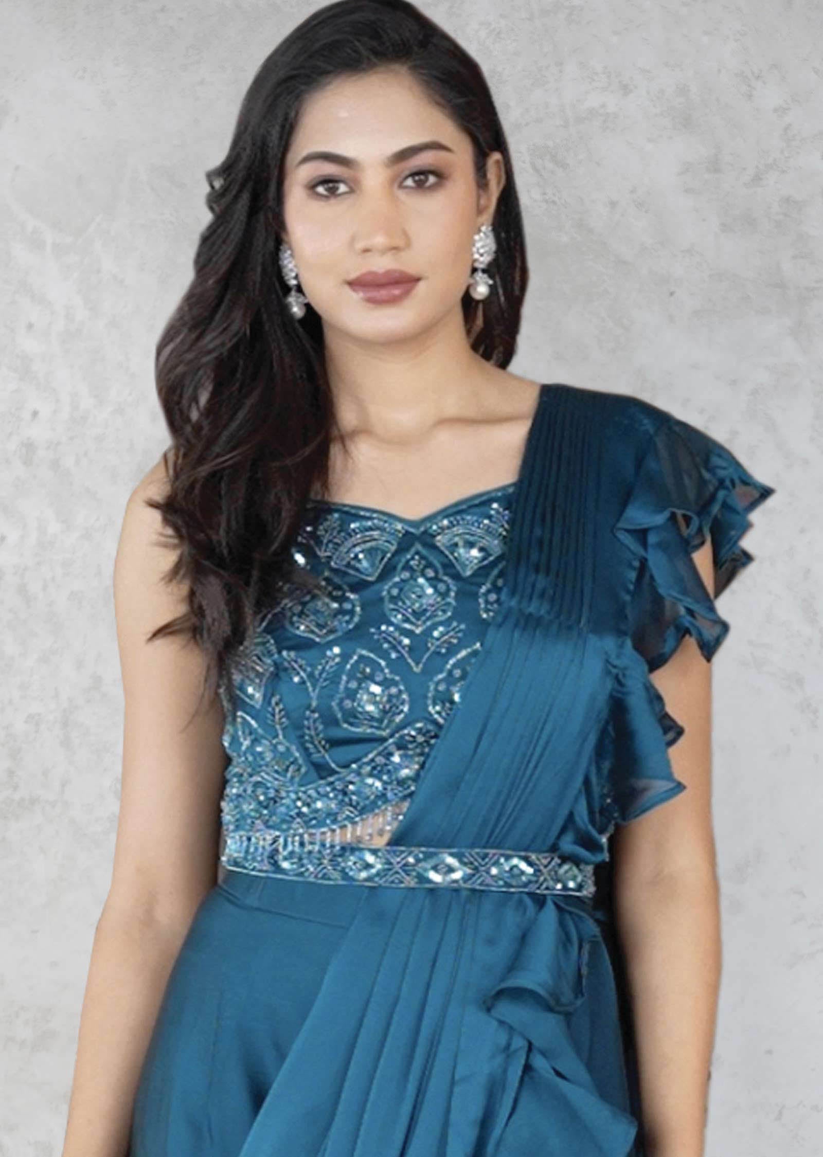 Blue Chiffon Embroidered Fusion/Indo-Western Set
