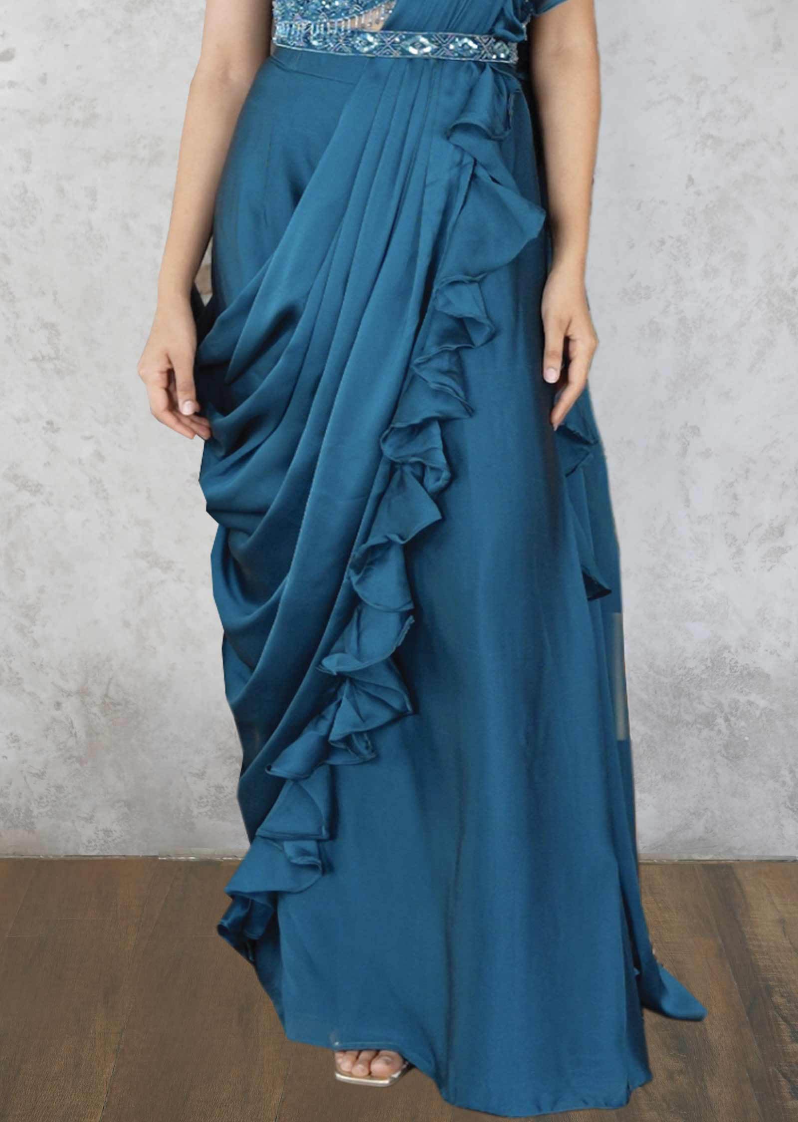 Blue Chiffon Embroidered Fusion/Indo-Western Set