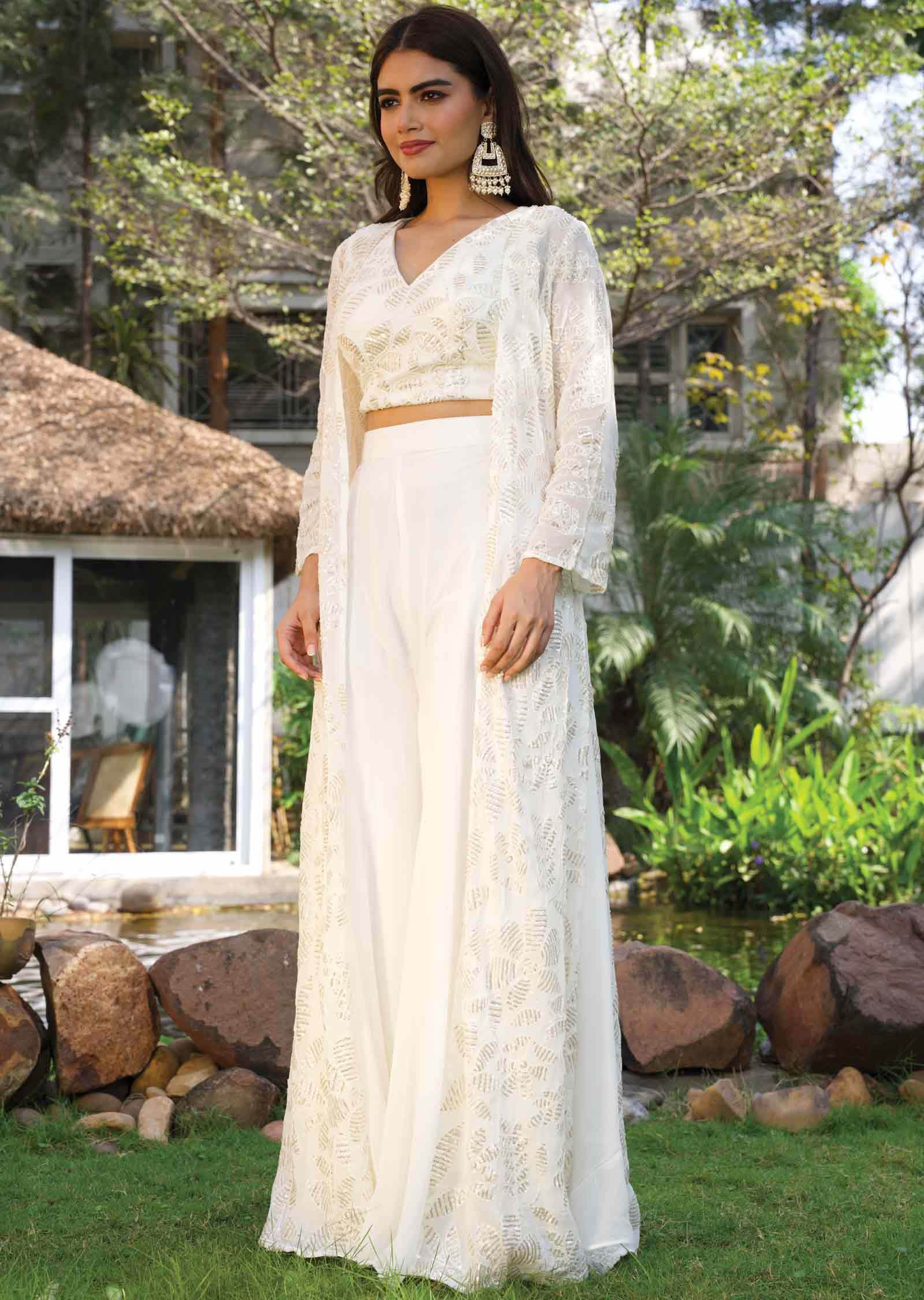 Cream Georgette Embroidered Fusion/Indo-Western Set