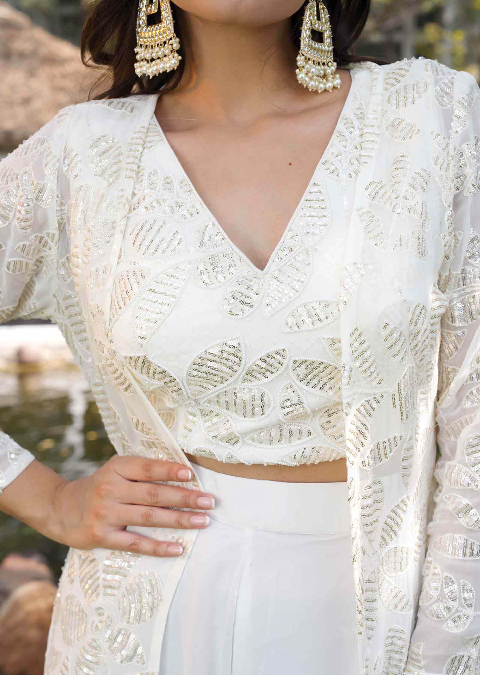 Cream Georgette Embroidered Fusion/Indo-Western Set