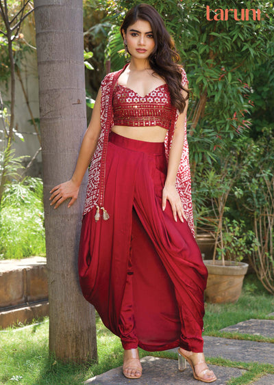 Maroon Georgette/Satin Fusion Indo-Western Outfit