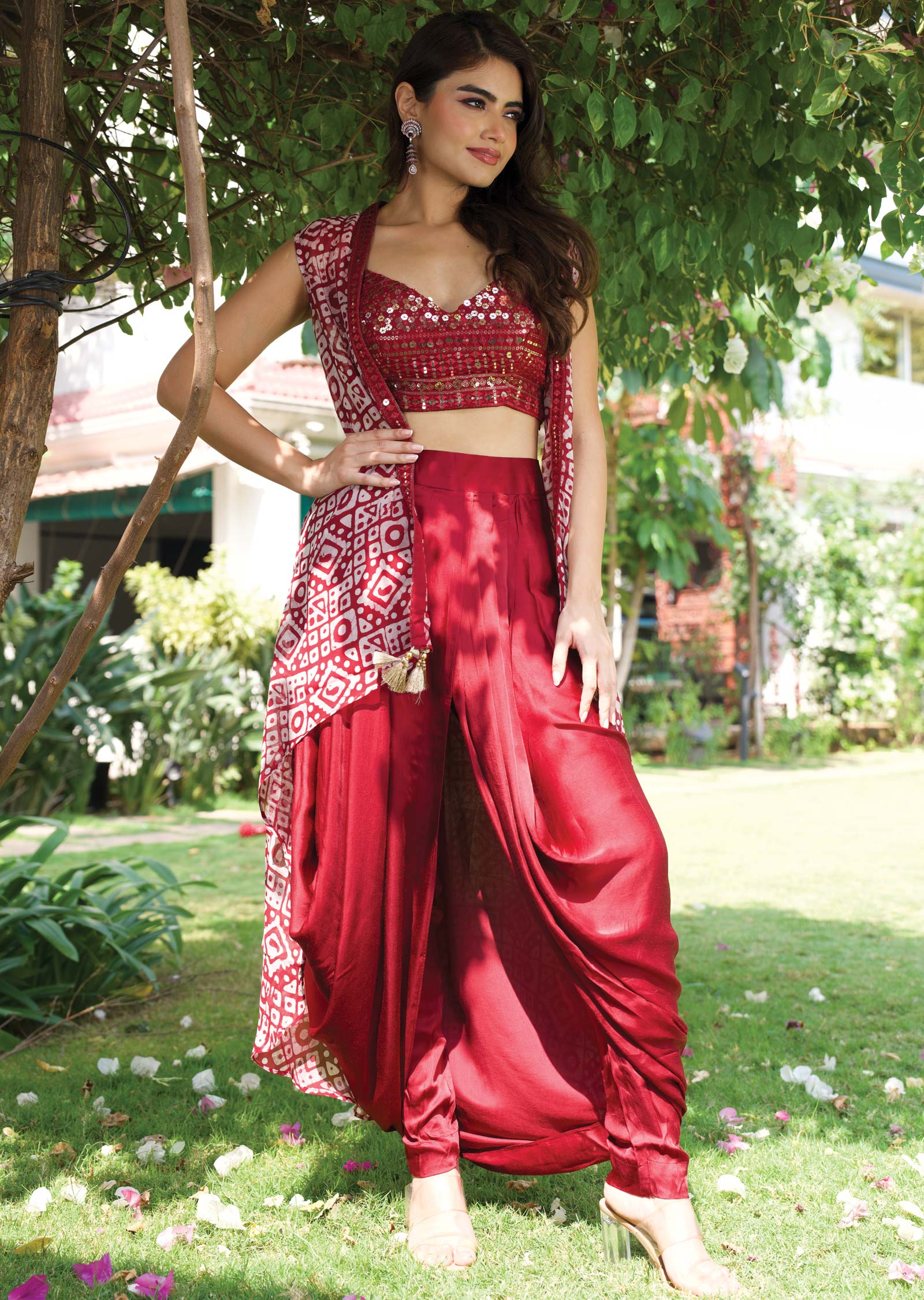 Maroon Georgette/Satin Fusion Indo-Western Outfit