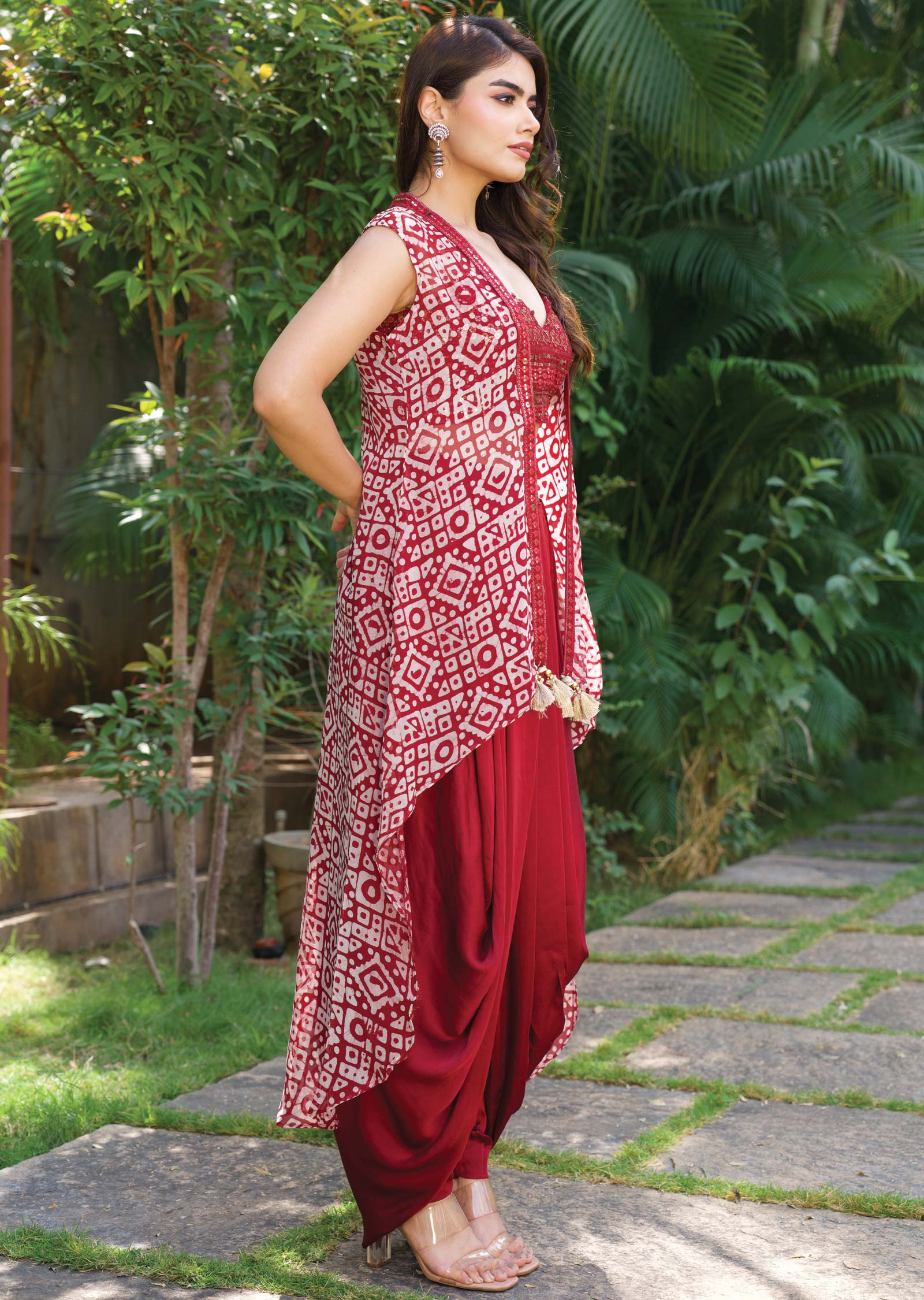 Maroon Georgette/Satin Embroidered Fusion/Indo-Western Set