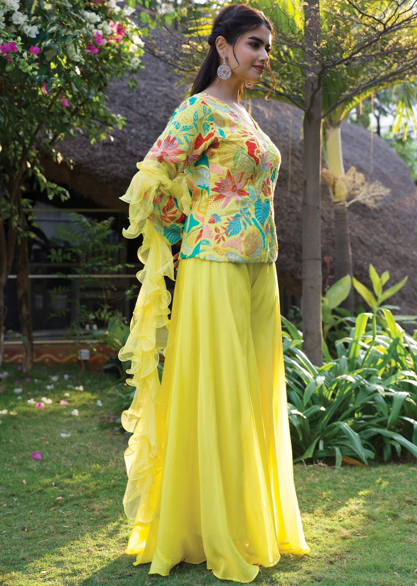 Yellow Chinnon Fusion Indo-Western Outfit