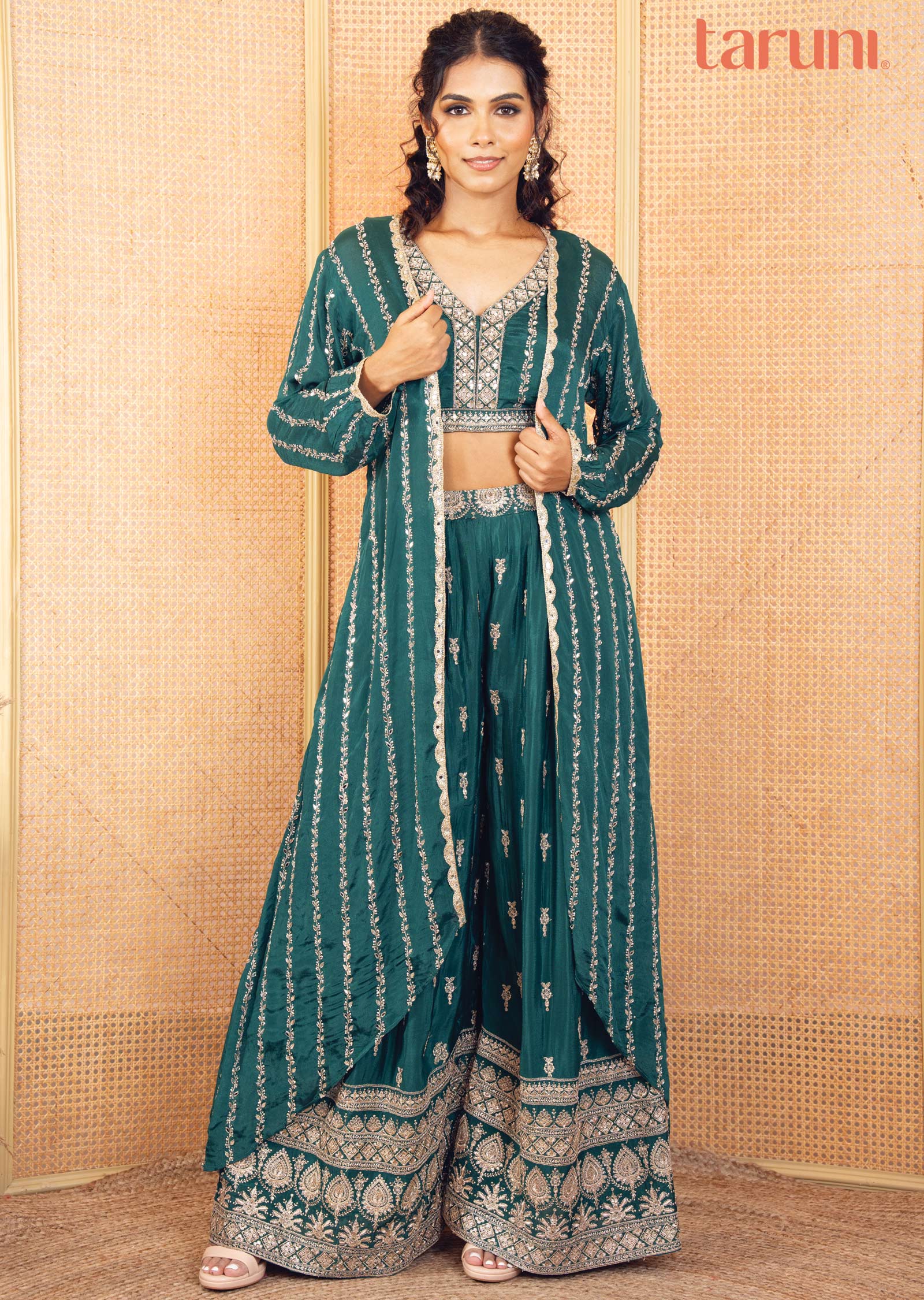 Green Chinnon Mirror work Fusion/Indo-Western Set