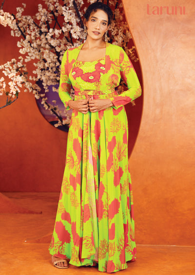 Light Green & Pink Crepe Fusion Indo-Western