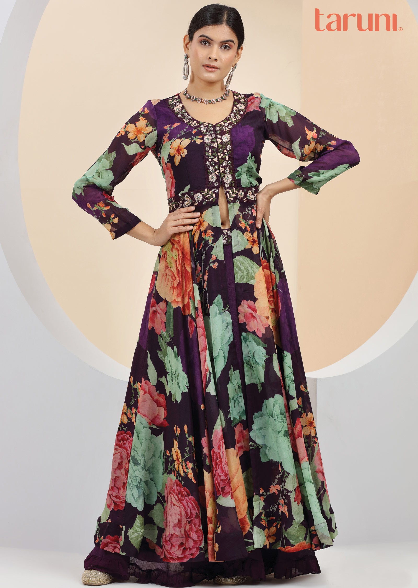 Turmeric yellow organza indo-western set