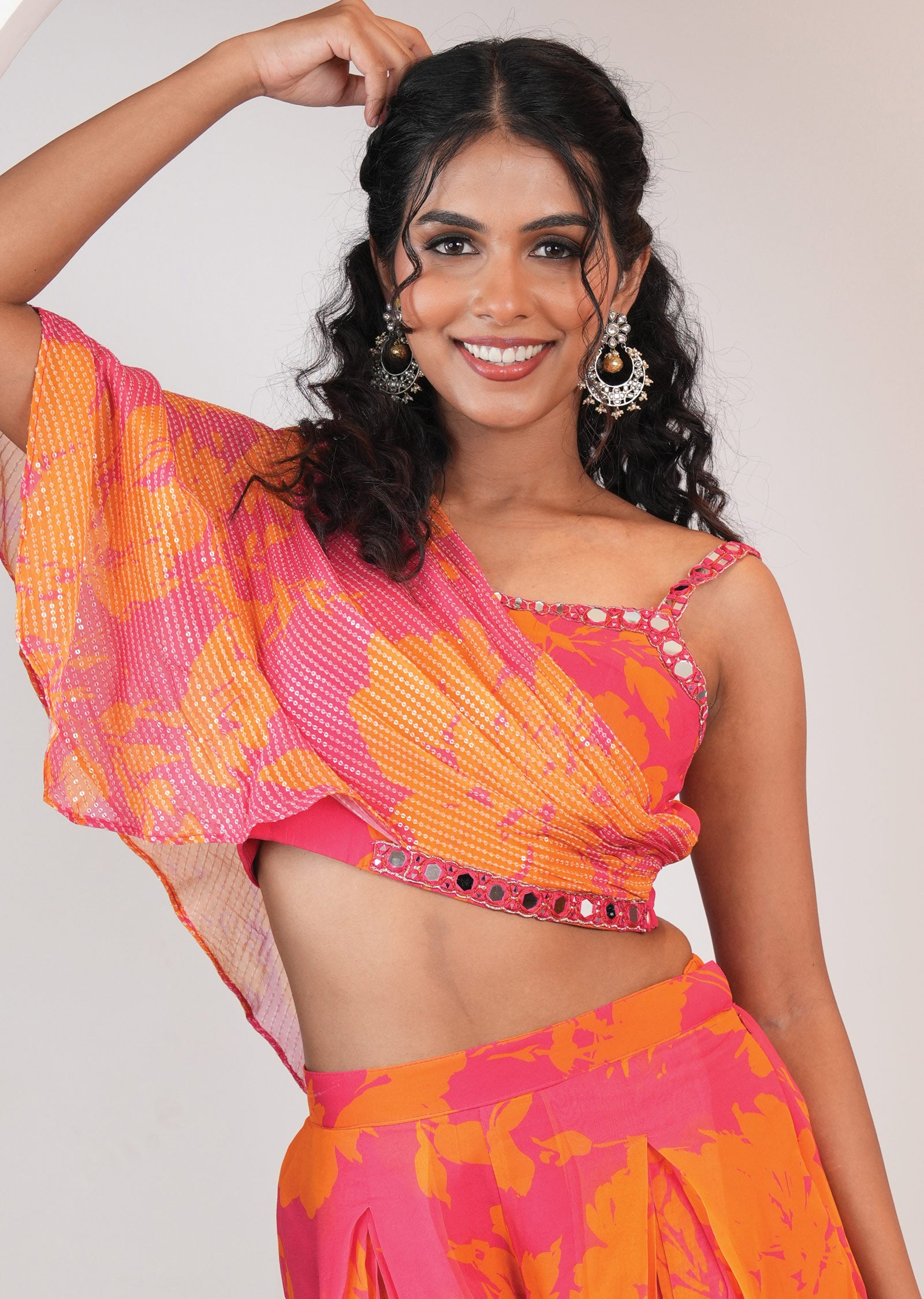 Pink & Orange Georgette Fusion/Indo-Western Set