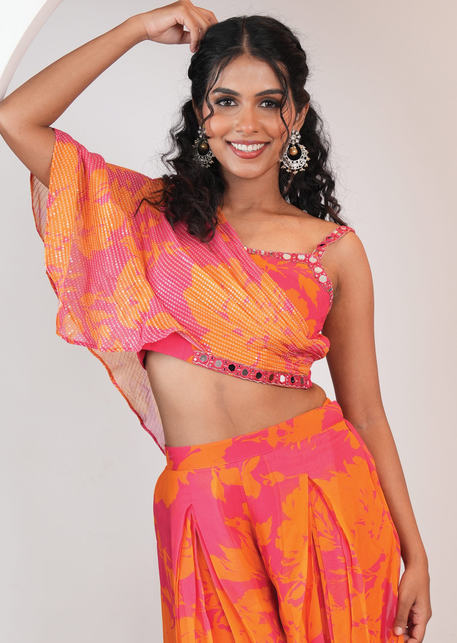 Pink & Orange Georgette Fusion/Indo-Western Set