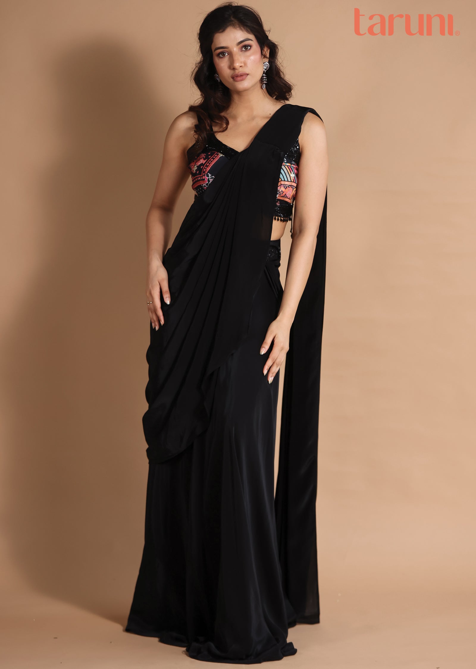 Black Multi Crepe Fusion/Indo-Western Draped Saree