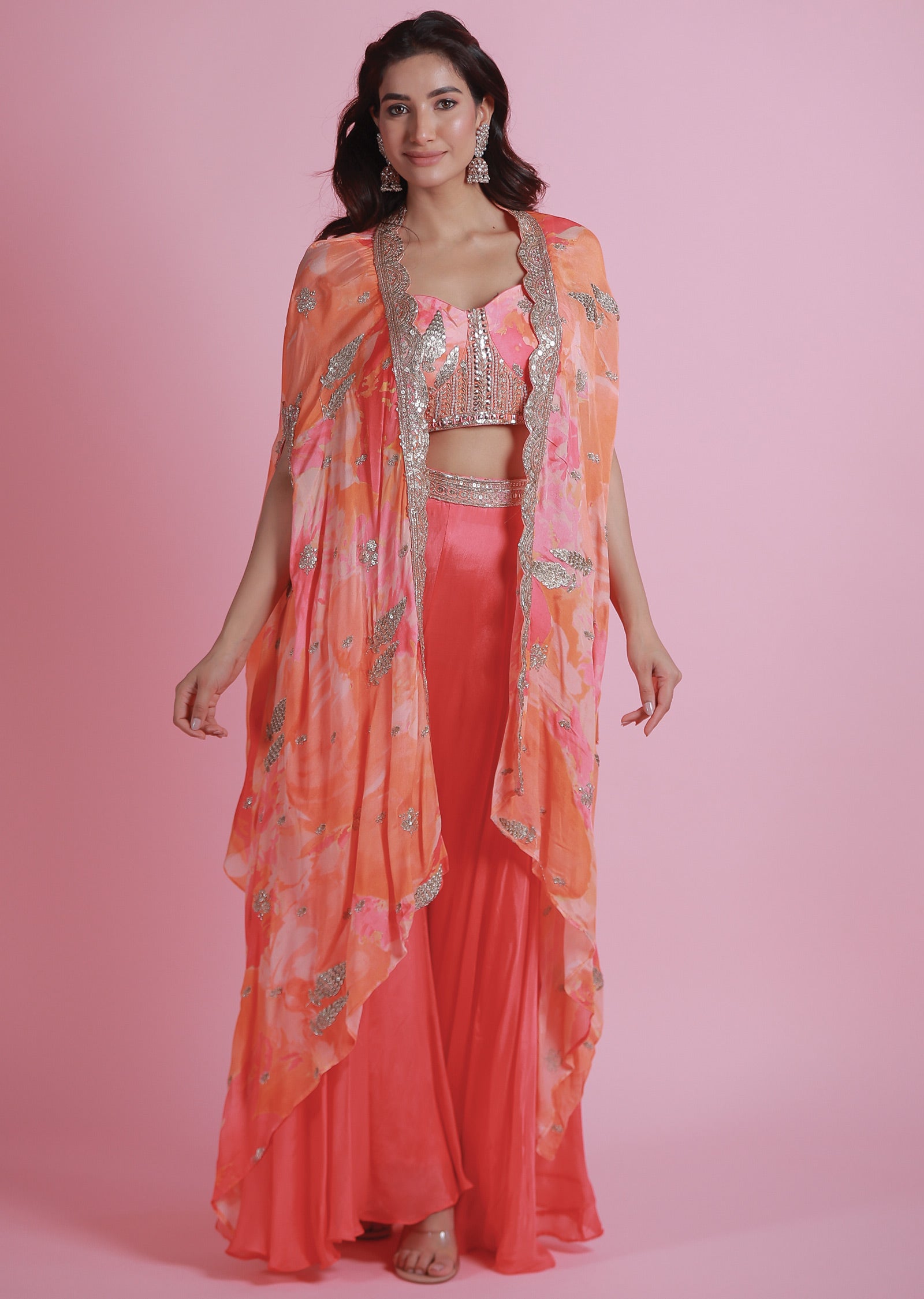 Pink Orange Chinnon Indo-Western Top and Palazzo Set with Jacket