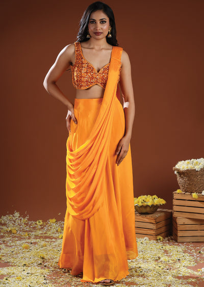 Orange Organza & Chinnon Draped Saree