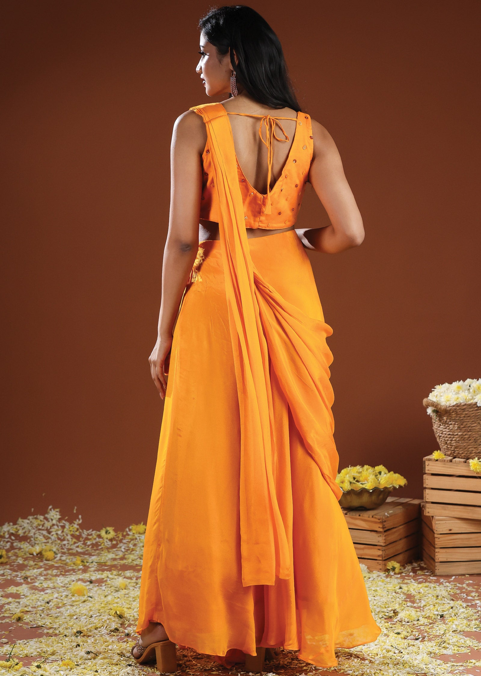 Orange Organza & Chinnon Draped Saree