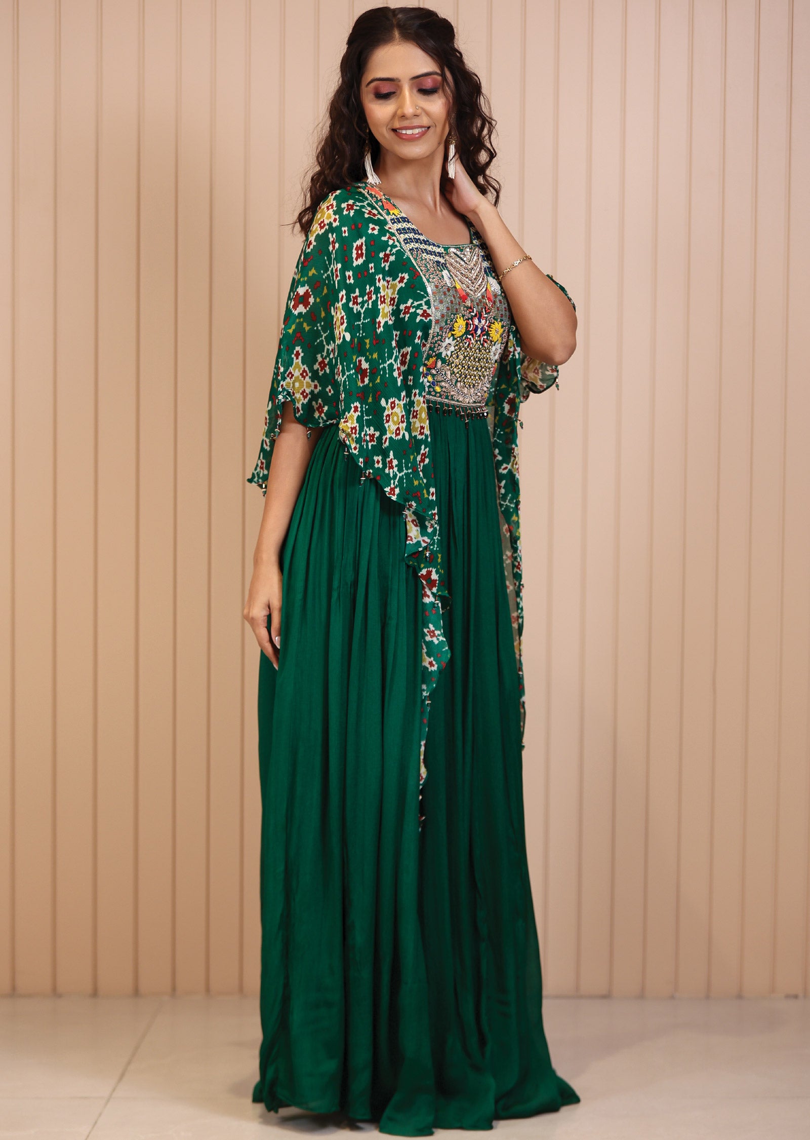 Green Chinnon Ikkat Printed Gown