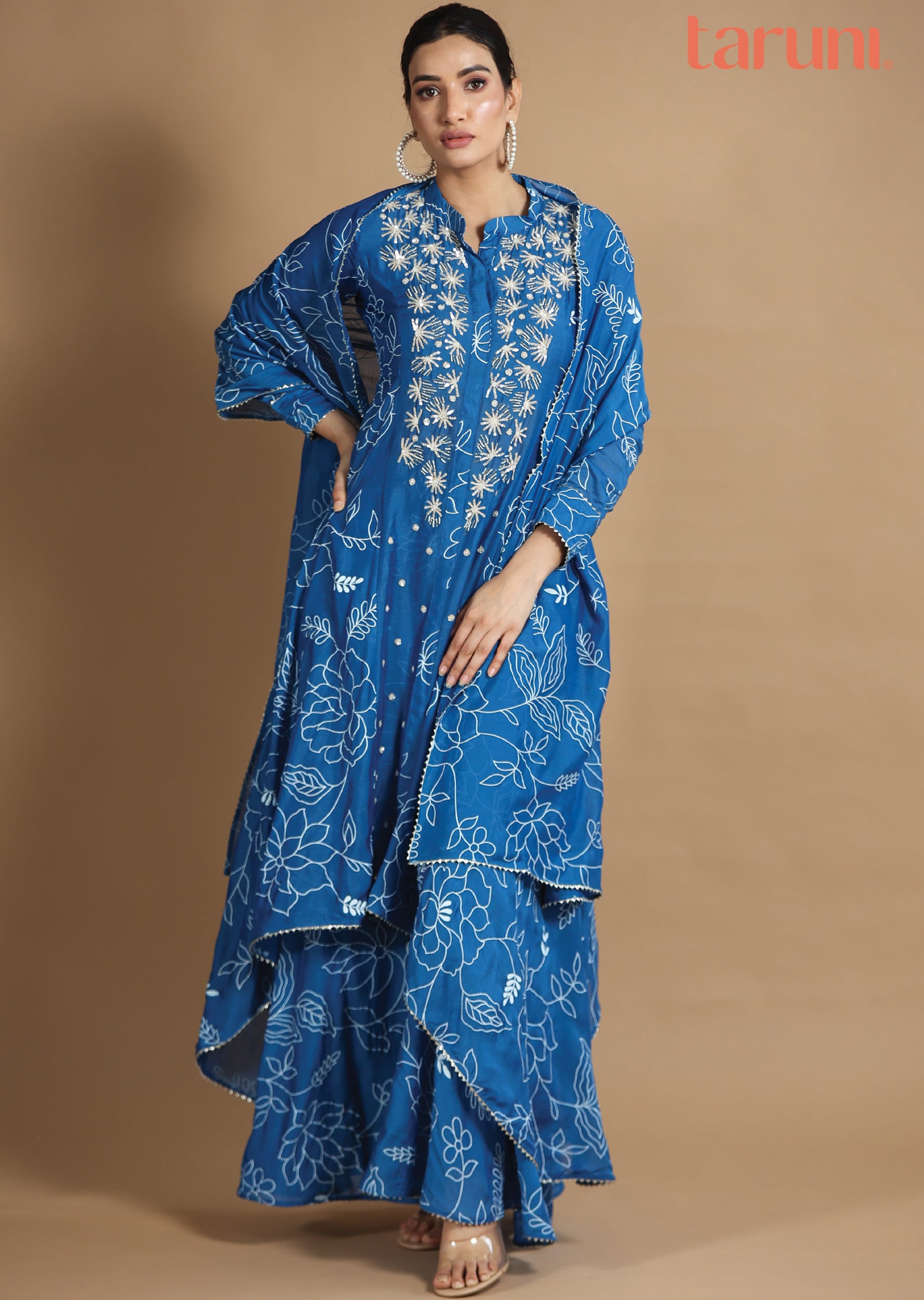 Blue Muslin Chanderi Kurti with Sequence & Pearl Work