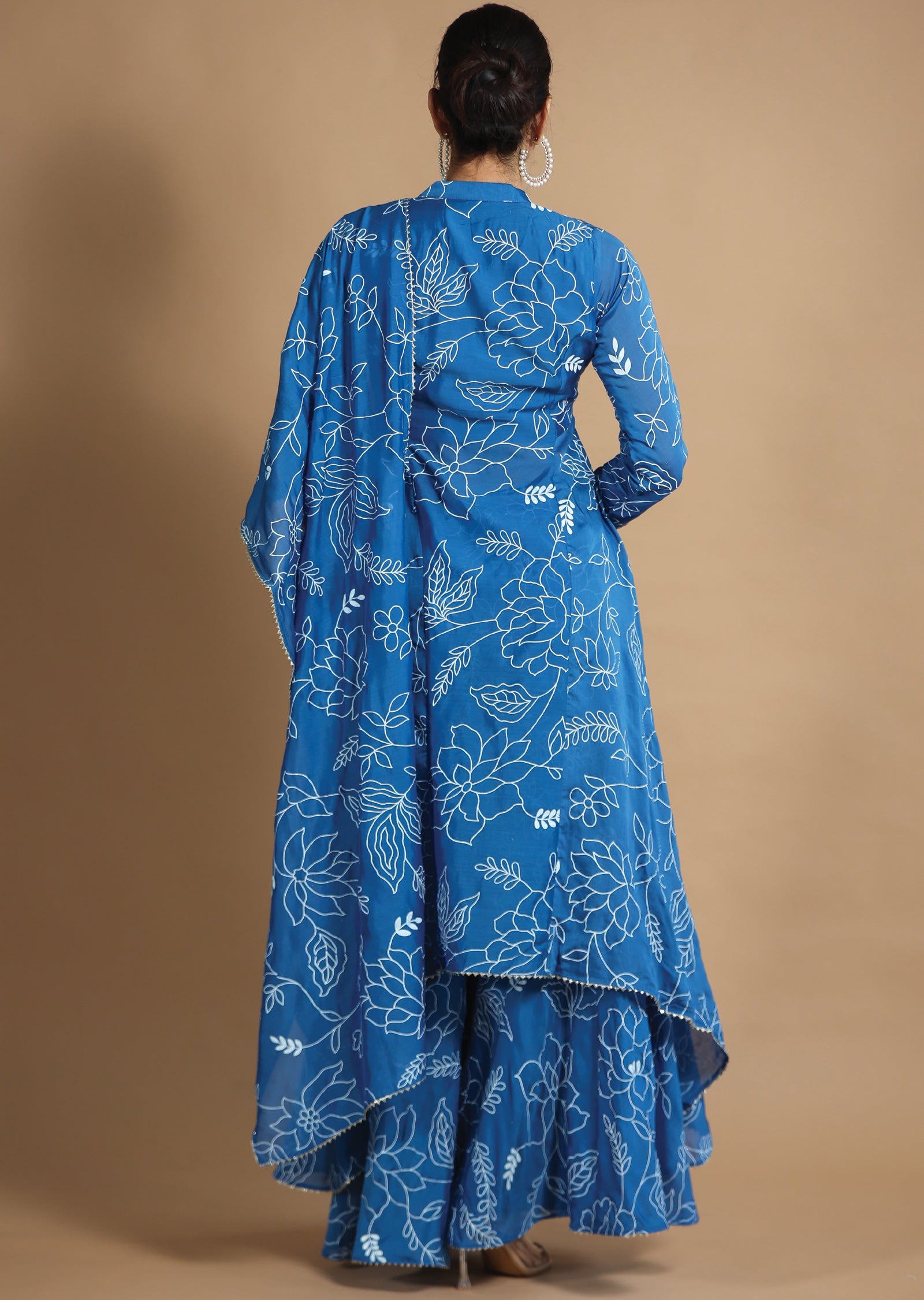 Blue Muslin Chanderi Kurti with Sequence & Pearl Work