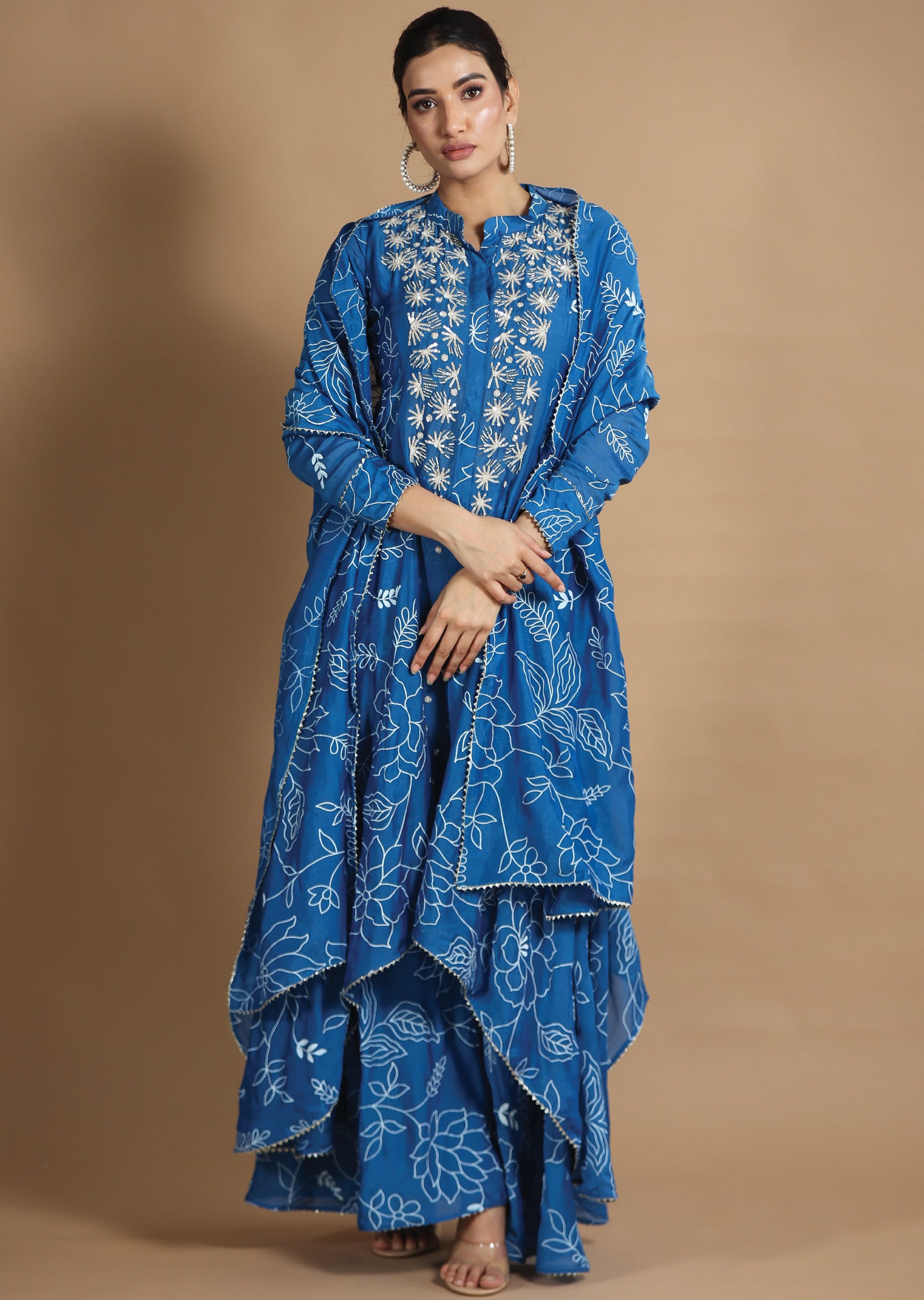 Blue Muslin Chanderi Kurti with Sequence & Pearl Work