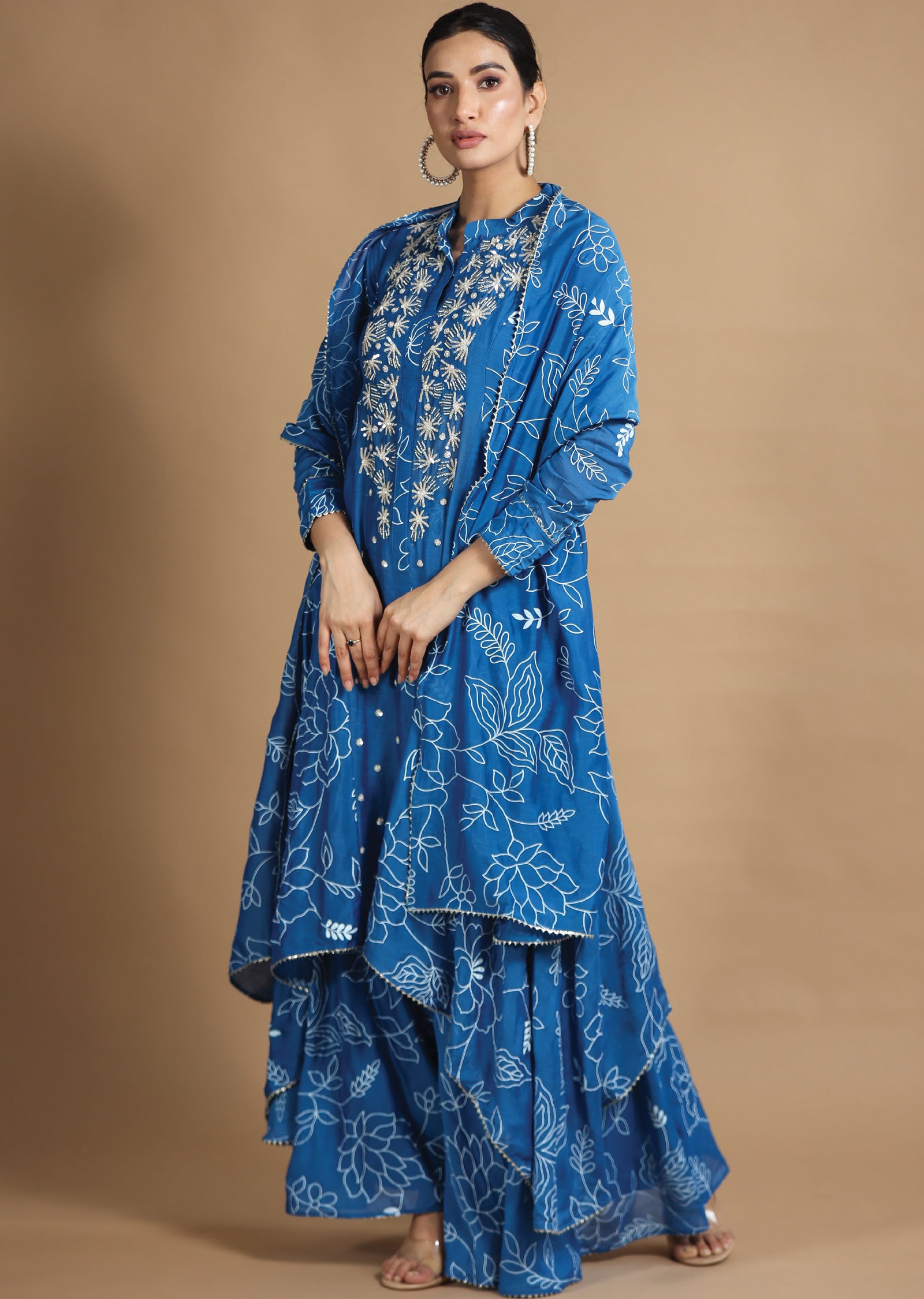 Blue Muslin Chanderi Kurti with Sequence & Pearl Work